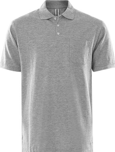 Ein schlichtes graues Poloshirt mit kurzen Ärmeln und einer kleinen Tasche auf der linken Brusttasche.