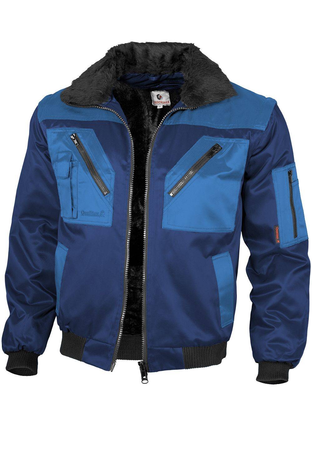 Eine blaue Winterjacke mit einem pelzgefütterten Kragen und mehreren Reißverschlusstaschen.