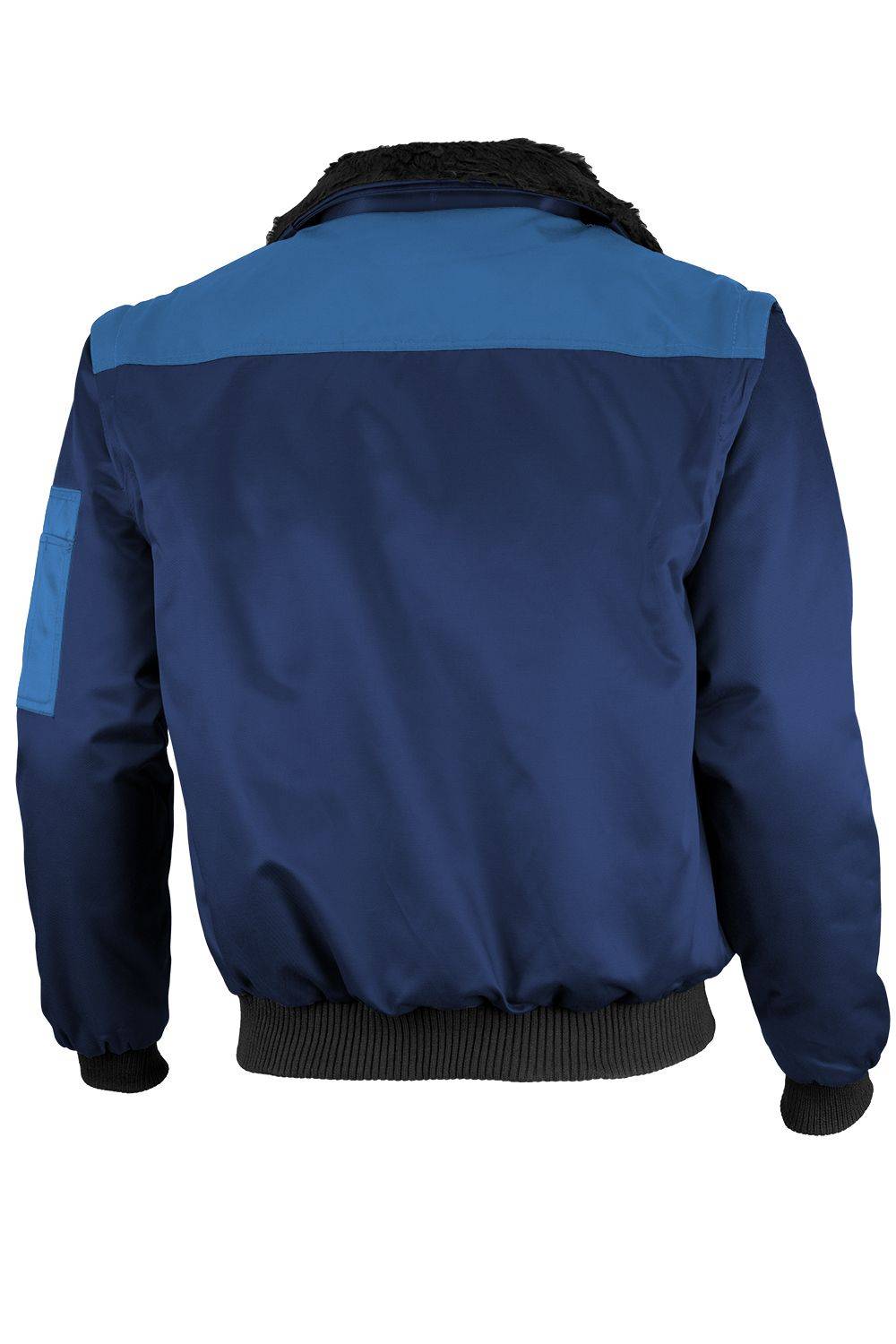 Eine Jacke in Marineblau und Hellblau, von hinten gezeigt, mit geripptem Saum und Ärmelbündchen.