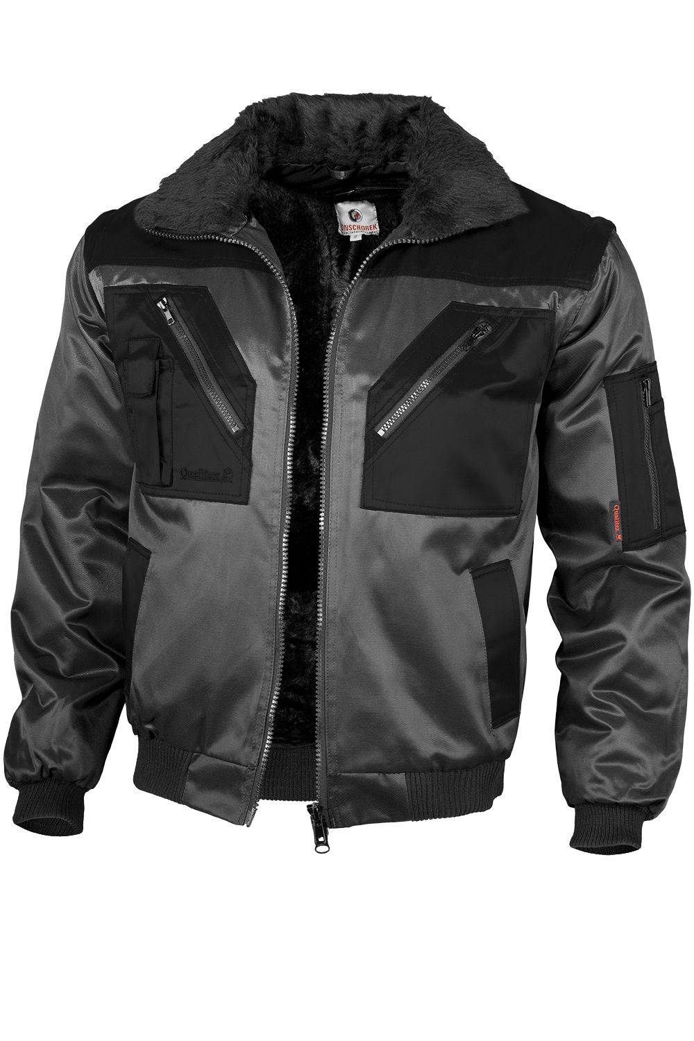 Eine schwarze und graue Bomberjacke mit mehreren Reißverschlusstaschen und einem pelzgefütterten Kragen. Sie hat ein robustes Design und wirkt warm.