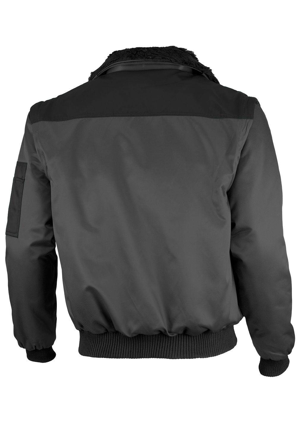 Rückansicht einer schwarzen Bomberjacke mit geripptem Saum und Bündchen. Die Jacke verfügt über eine Tasche am linken Ärmel und keine sichtbaren Logos.