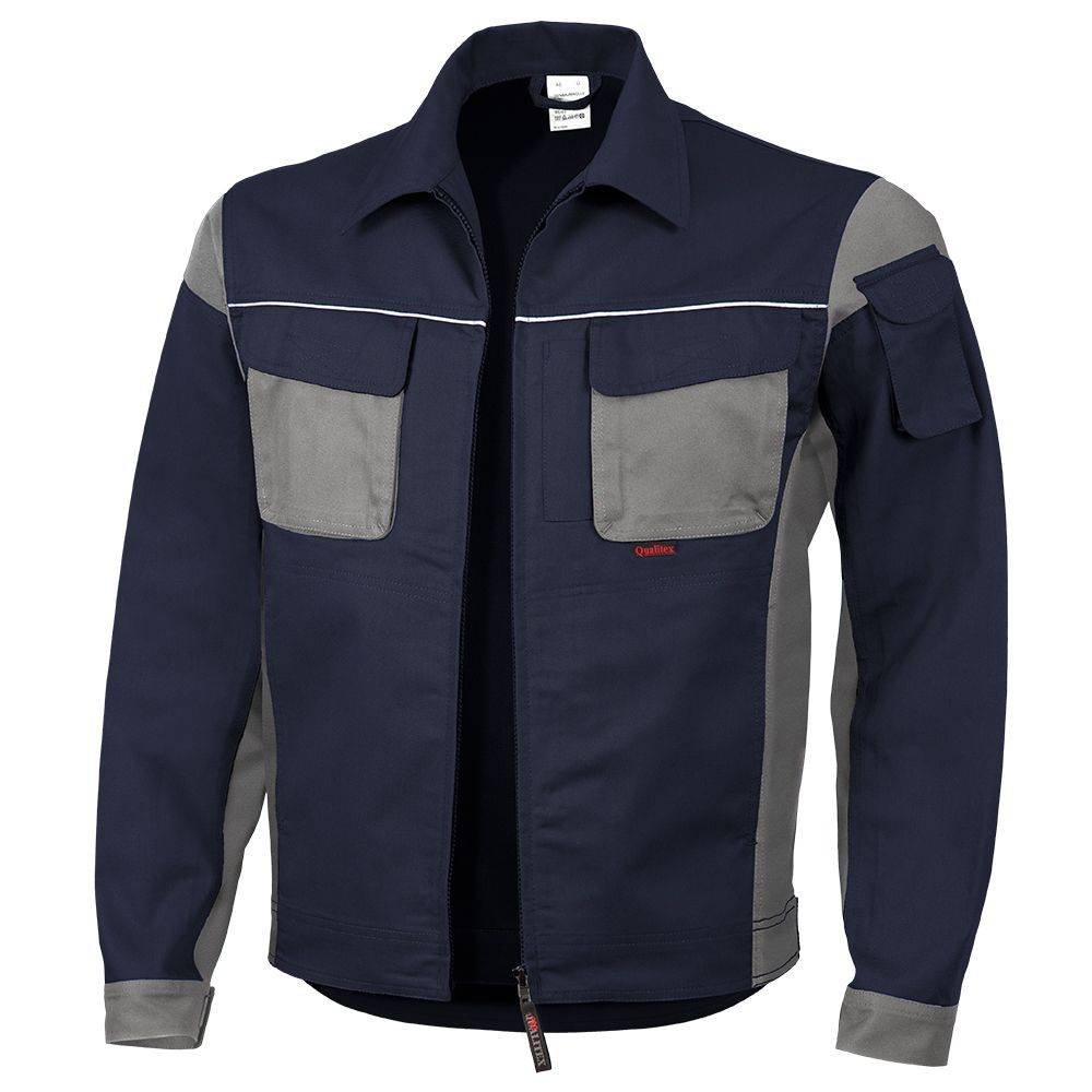 Eine marineblau-graue Arbeitsjacke mit Reißverschluss vorne, Kragen und mehreren Taschen, einschließlich einer Tasche am Ärmel.