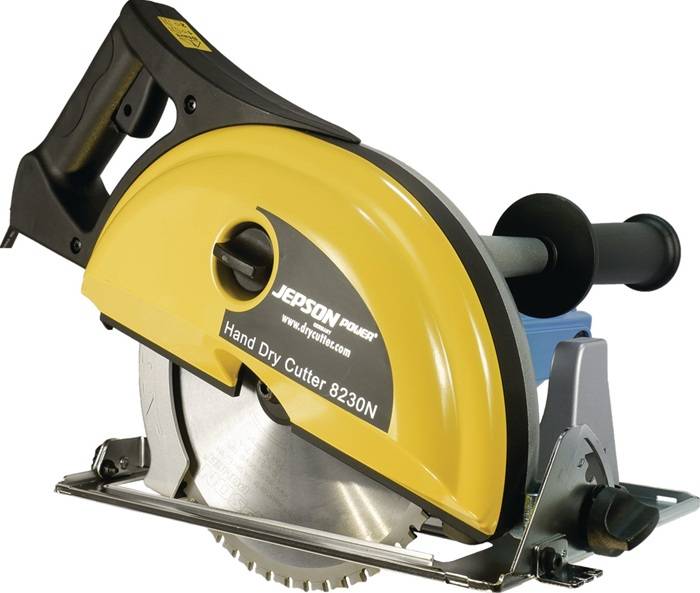 Ein gelber Jepson Power-Handtrockenschneider 8230N mit einer Kreissägeblatt, verwendet zum Schneiden von Materialien.