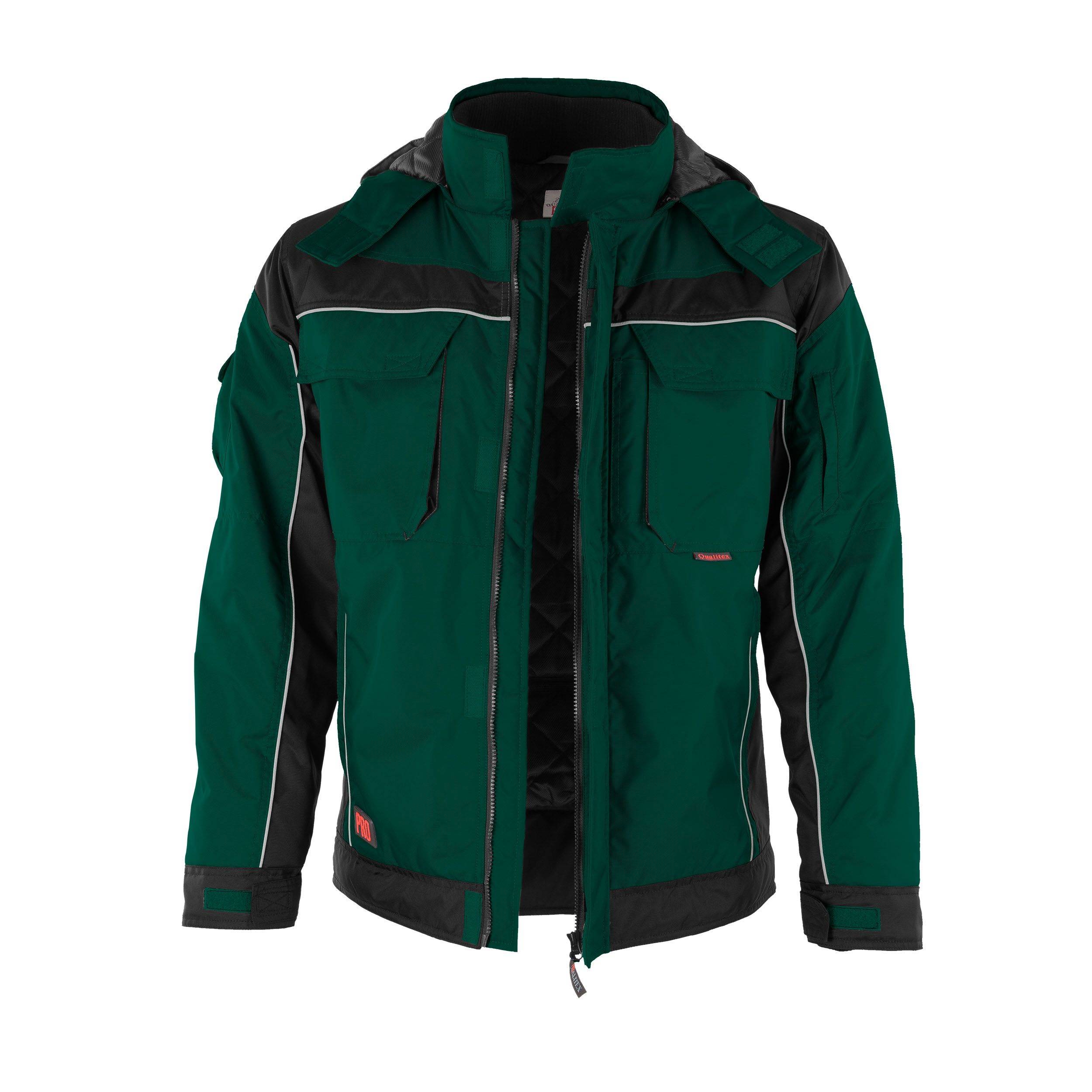 Eine grüne und schwarze Outdoorjacke mit reflektierenden Streifen, mehreren Vordertaschen und verstellbaren Ärmelbündchen.