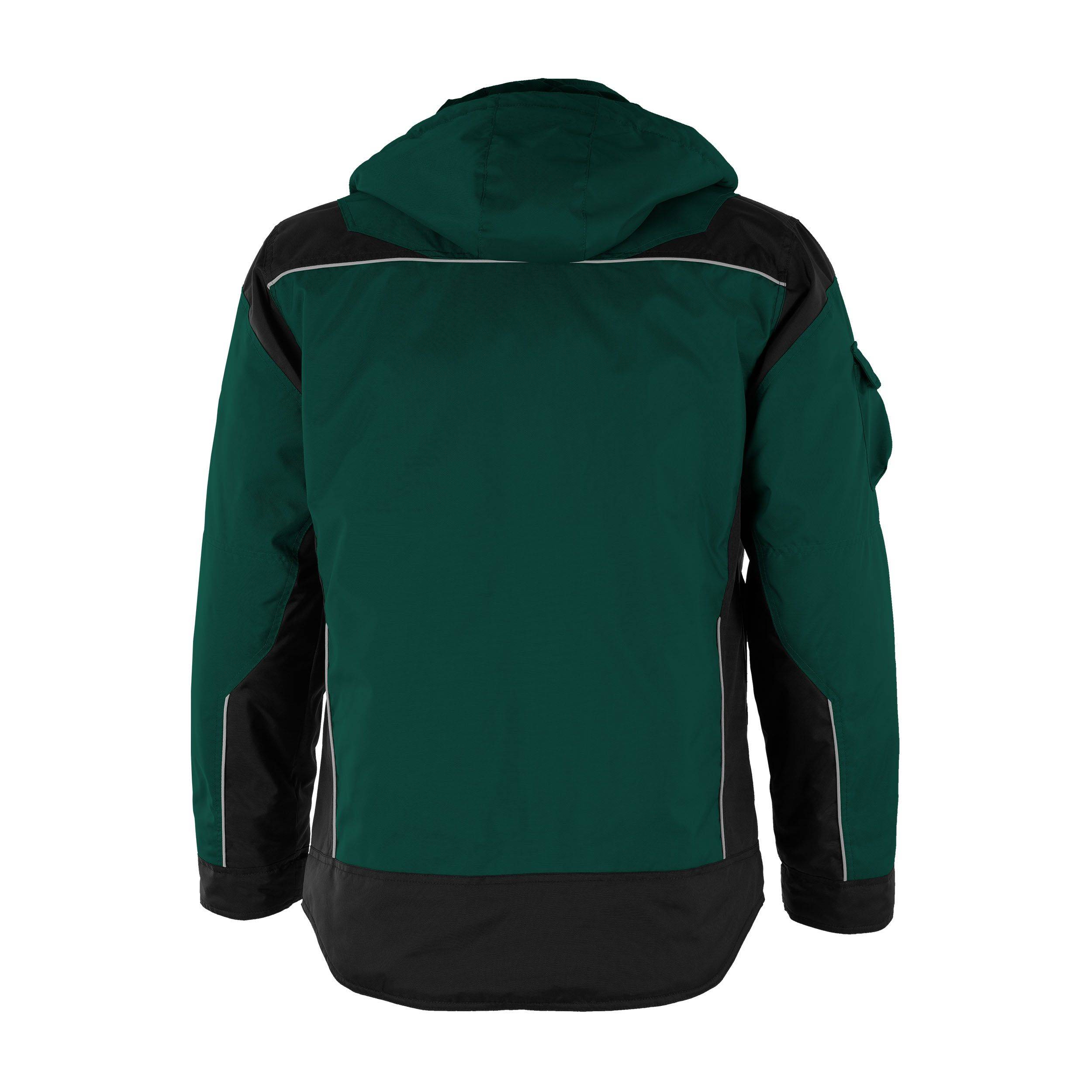 Grüne und schwarze Jacke mit Kapuze, von hinten gesehen, mit kontrastierenden Einsätzen und Nähten.