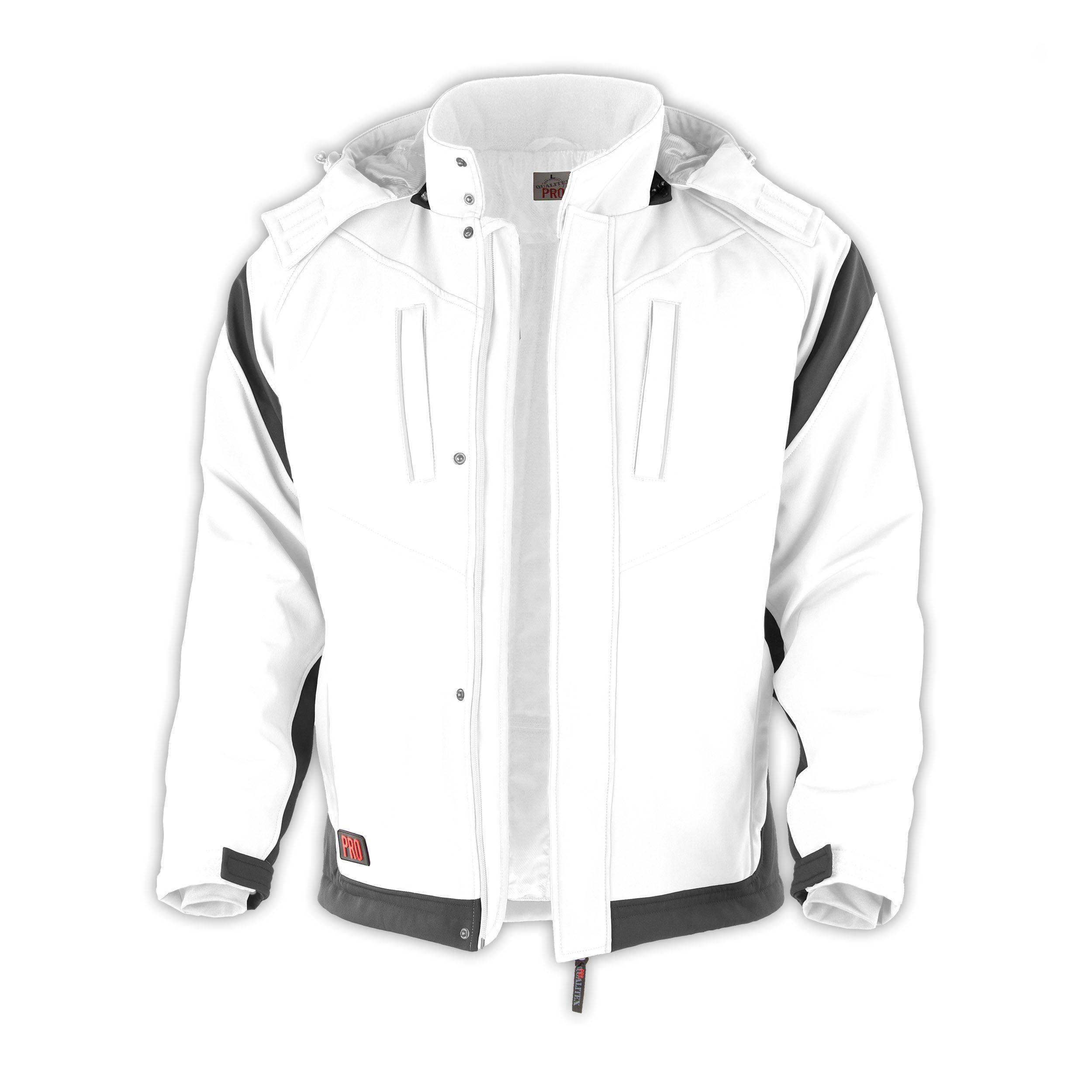 Weiße Jacke mit schwarzen Akzenten, mit Frontreißverschluss, zwei diagonalen Brustaschen und verstellbaren Manschetten.