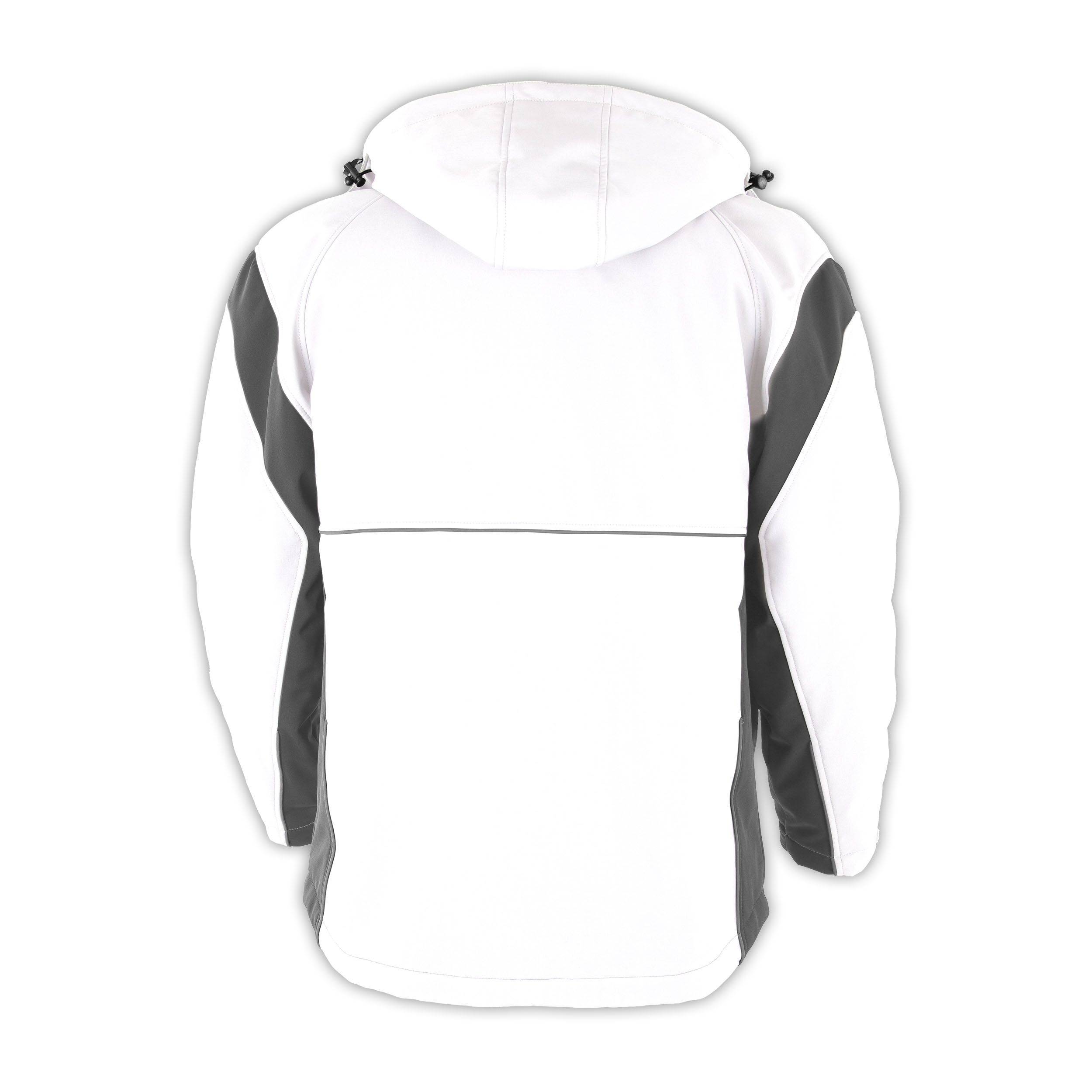 „Eine weiße Jacke mit Kapuze und grauen Akzenten an den Seiten, von hinten betrachtet, die das Design und die Merkmale des Kleidungsstücks hervorhebt.