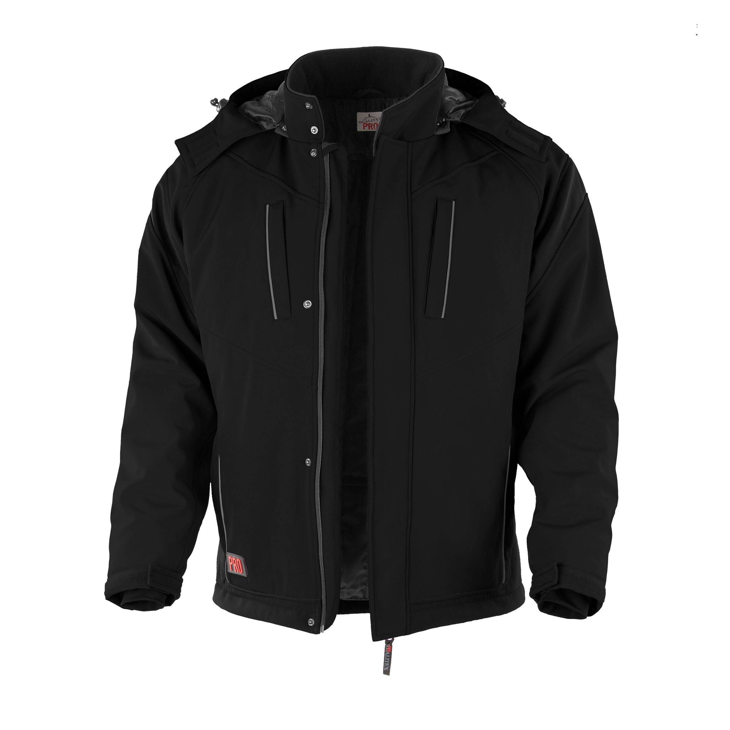 Eine schwarze Herrenjacke mit Kapuze und Reißverschluss vorne, mit hohem Kragen und Taschen, entworfen für kaltes Wetter.
