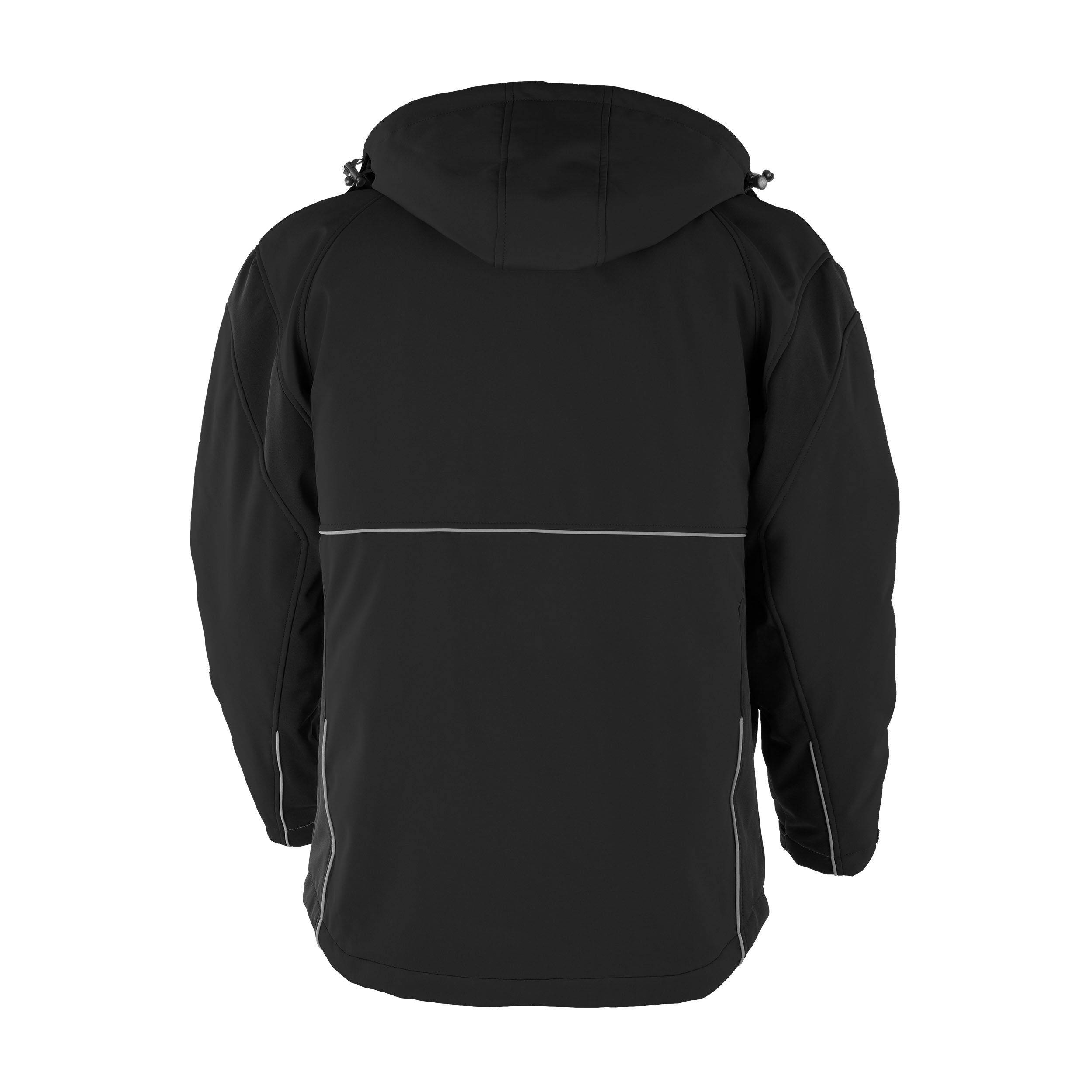 Eine schwarze Jacke mit Kapuze und weißen Paspelierungsdetails auf der Rückseite und an den Ärmeln, von hinten dargestellt.