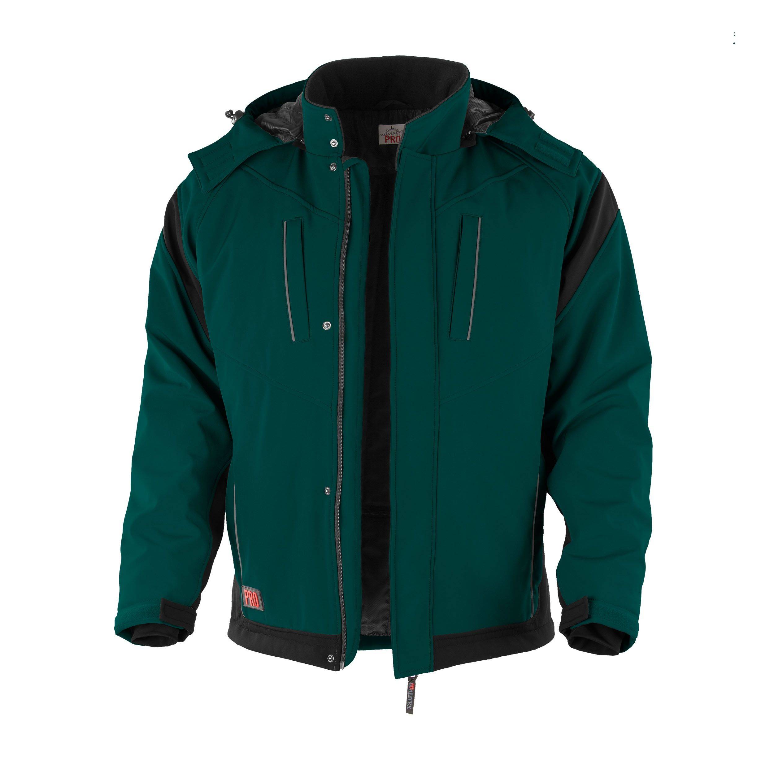 Ein tealblaue Winterjacke mit schwarzen Akzenten, ausgestattet mit einer Kapuze und Reißverschluss, entworfen für kaltes Wetter.