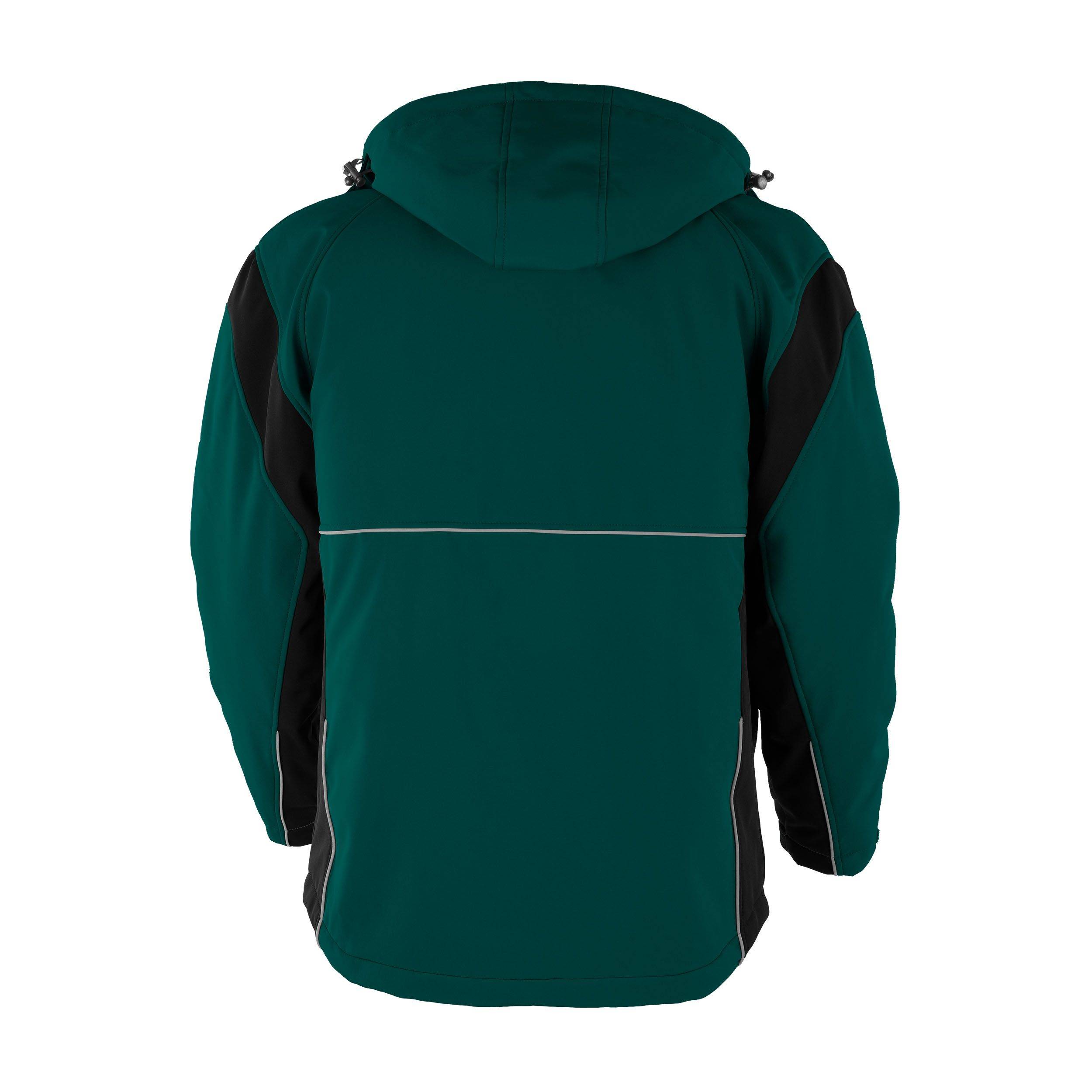 Eine grüne Jacke mit schwarzen Seitenpanelen und einer Kapuze, von hinten gezeigt.