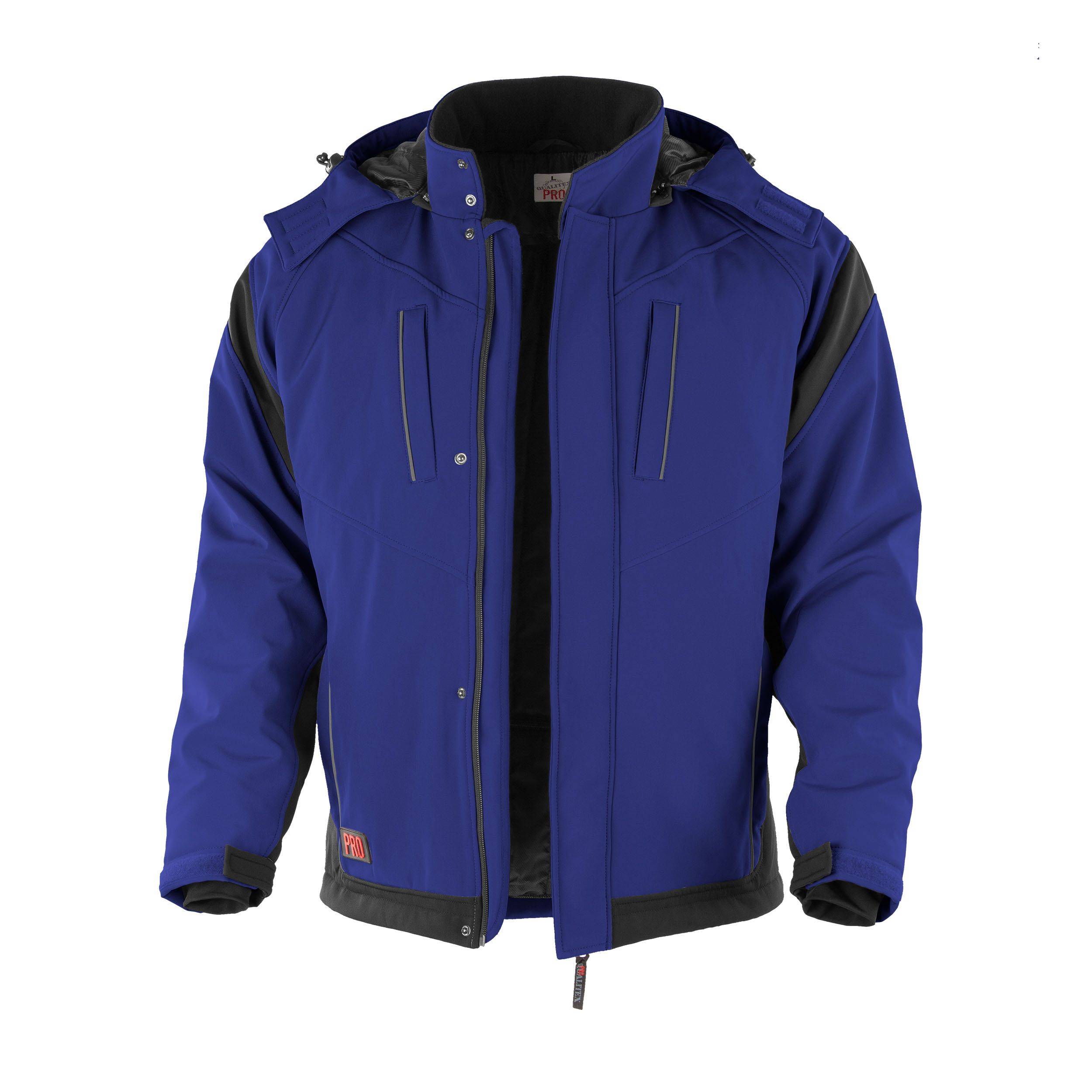 Blaue Outdoorjacke mit schwarzen Akzenten, mit Kapuze und mehreren Reißverschlüssen.