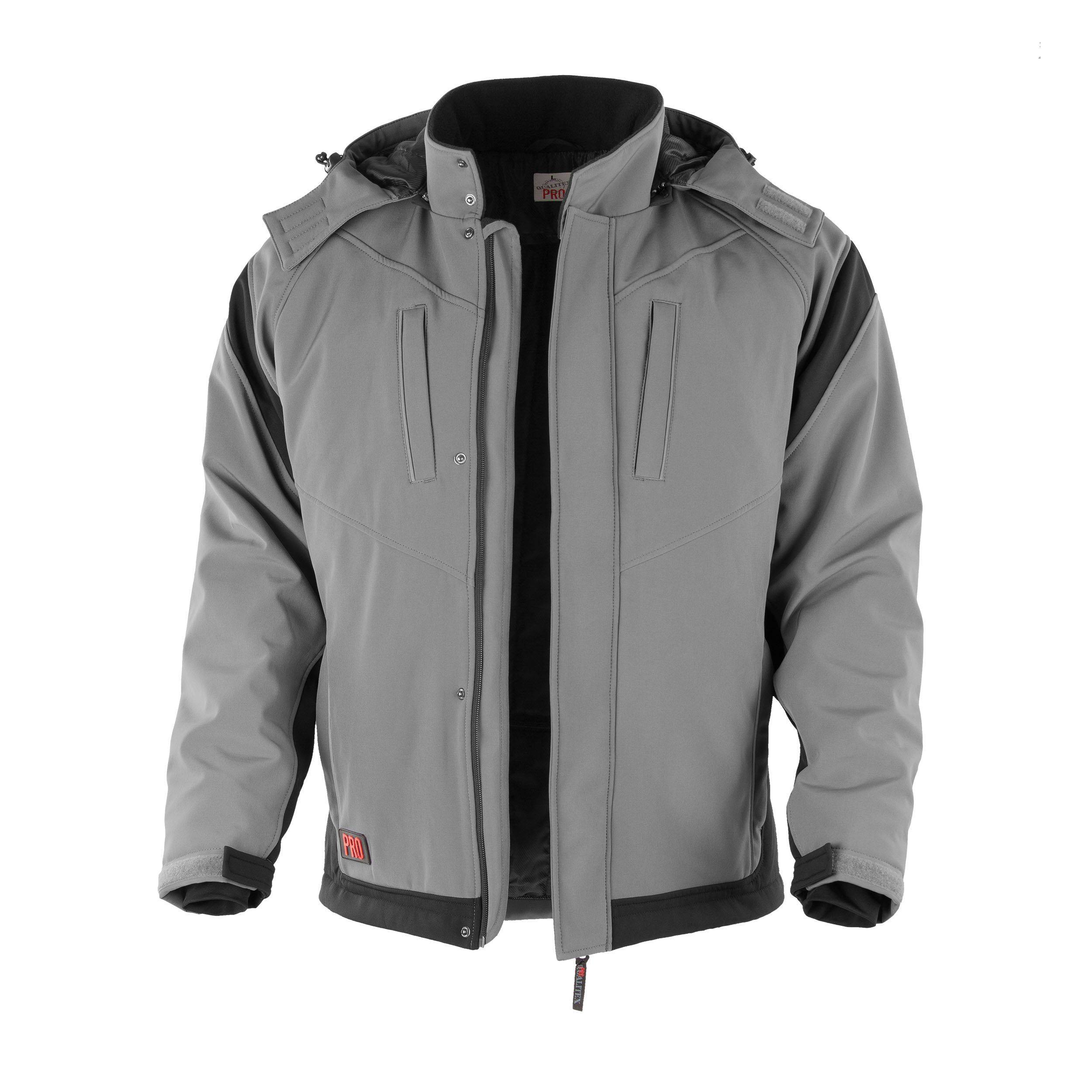 Eine grau und schwarz gefärbte Jacke mit Kapuze, Reißverschluss und Knopfverschluss, entworfen für den Outdoor-Einsatz.