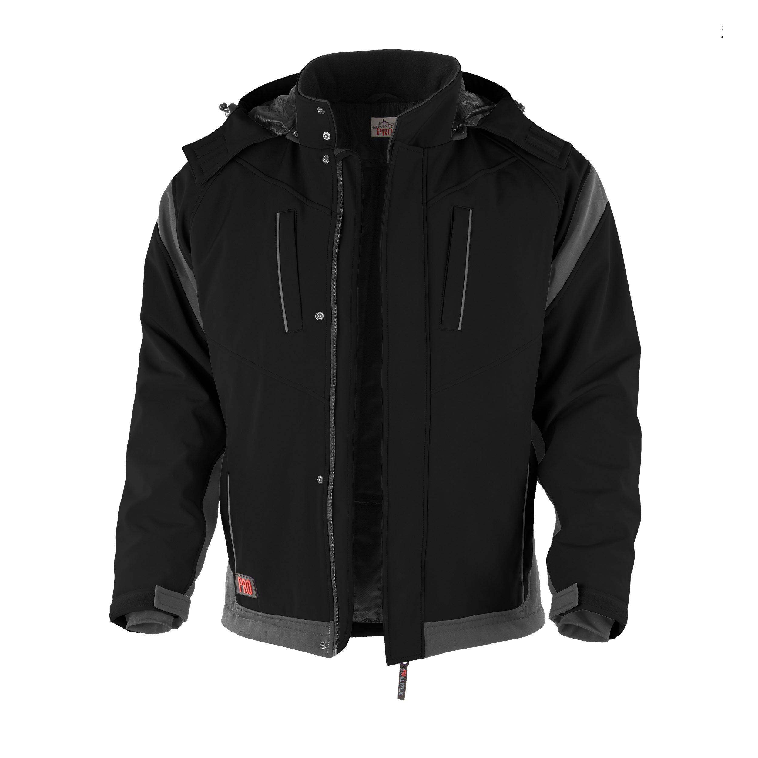 Eine schwarze Jacke mit Reißverschluss vorne, hohem Kragen und verstellbaren Manschetten. Sie verfügt über zwei vertikale Brusttaschen und subtile graue Akzente.