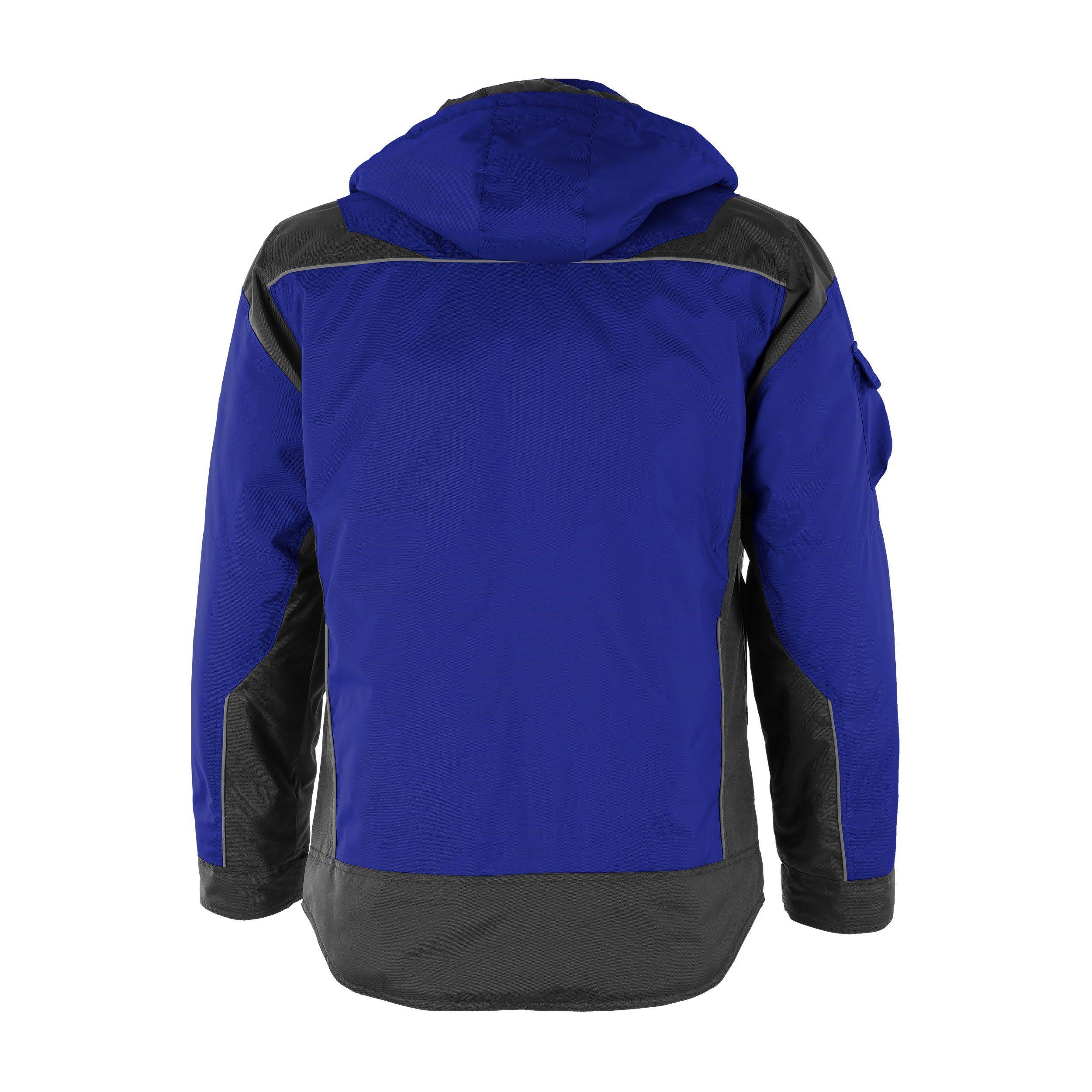 Eine blaue Jacke mit Kapuze und schwarzen Akzenten an den Schultern und Seiten, von hinten gezeigt.