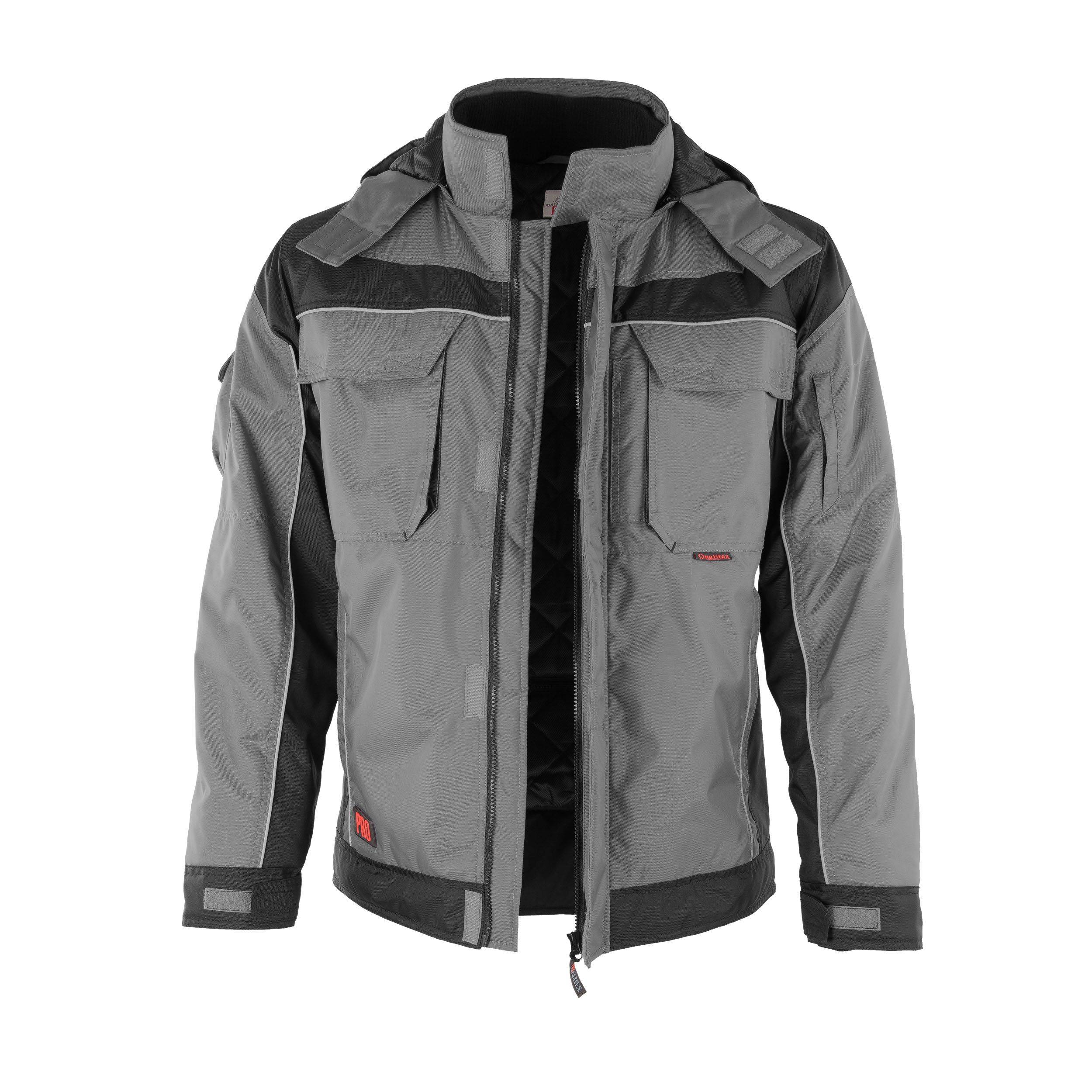Graue und schwarze Outdoor-Jacke mit Reißverschluss vorne und mehreren Taschen, designed für Funktionalität und Stil, auf weißem Hintergrund präsentiert.