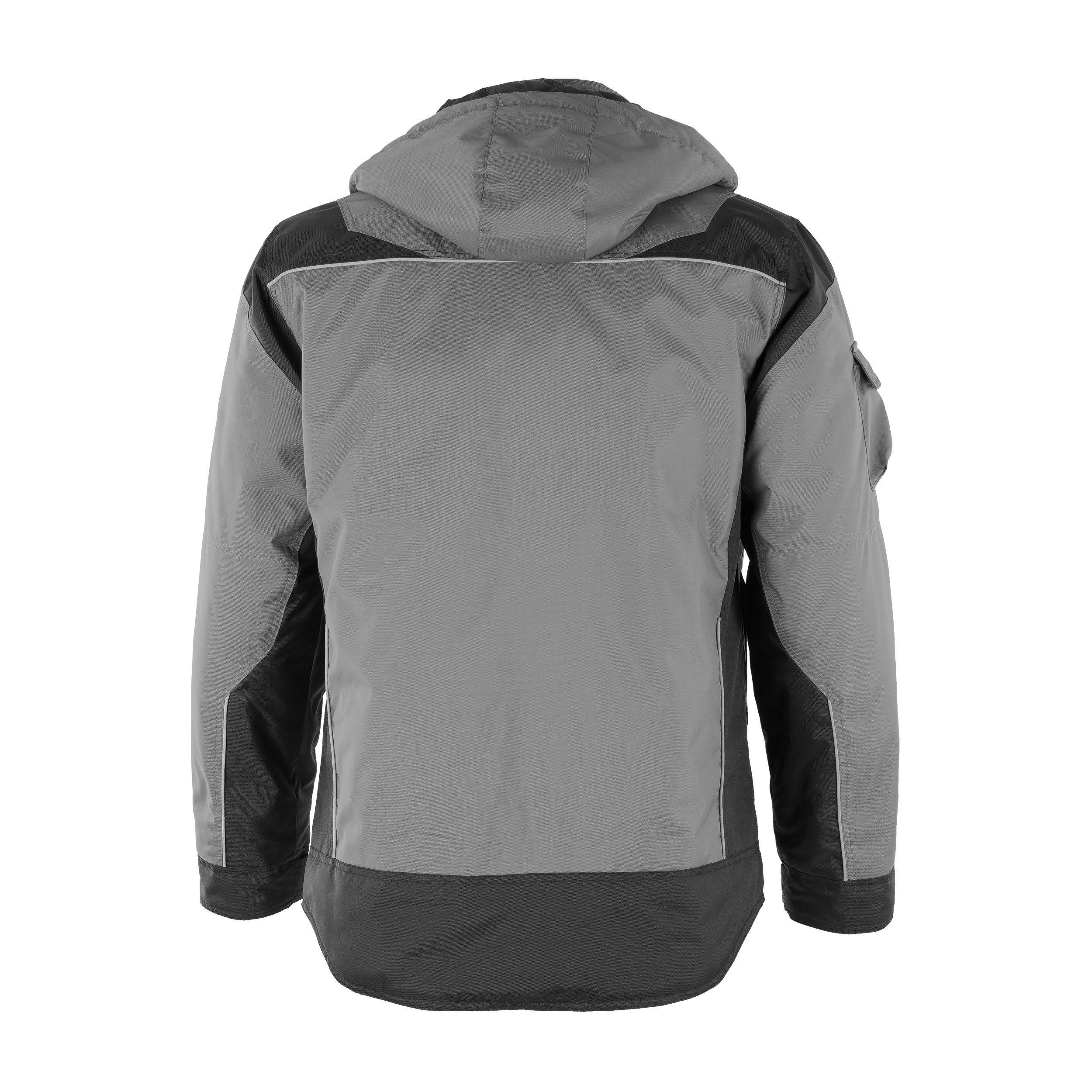 Eine graue und schwarze Kapuzenjacke, von hinten gezeigt, mit langen Ärmeln und einem Farbblockdesign.
