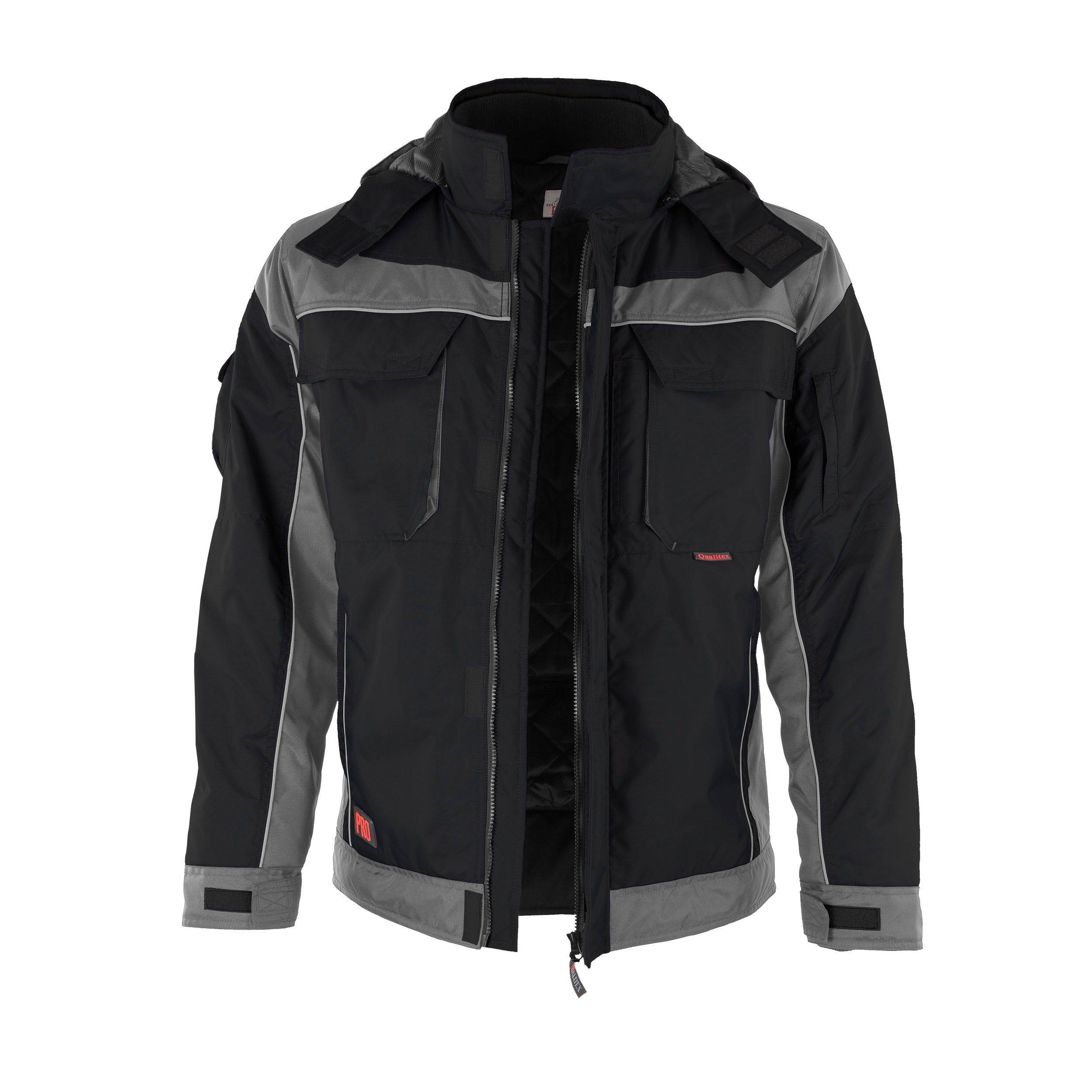 Schwarze und graue Arbeitsjacke mit mehreren Taschen und Reißverschluss vorne, konzipiert für Vielseitigkeit und Outdoor-Einsatz.
