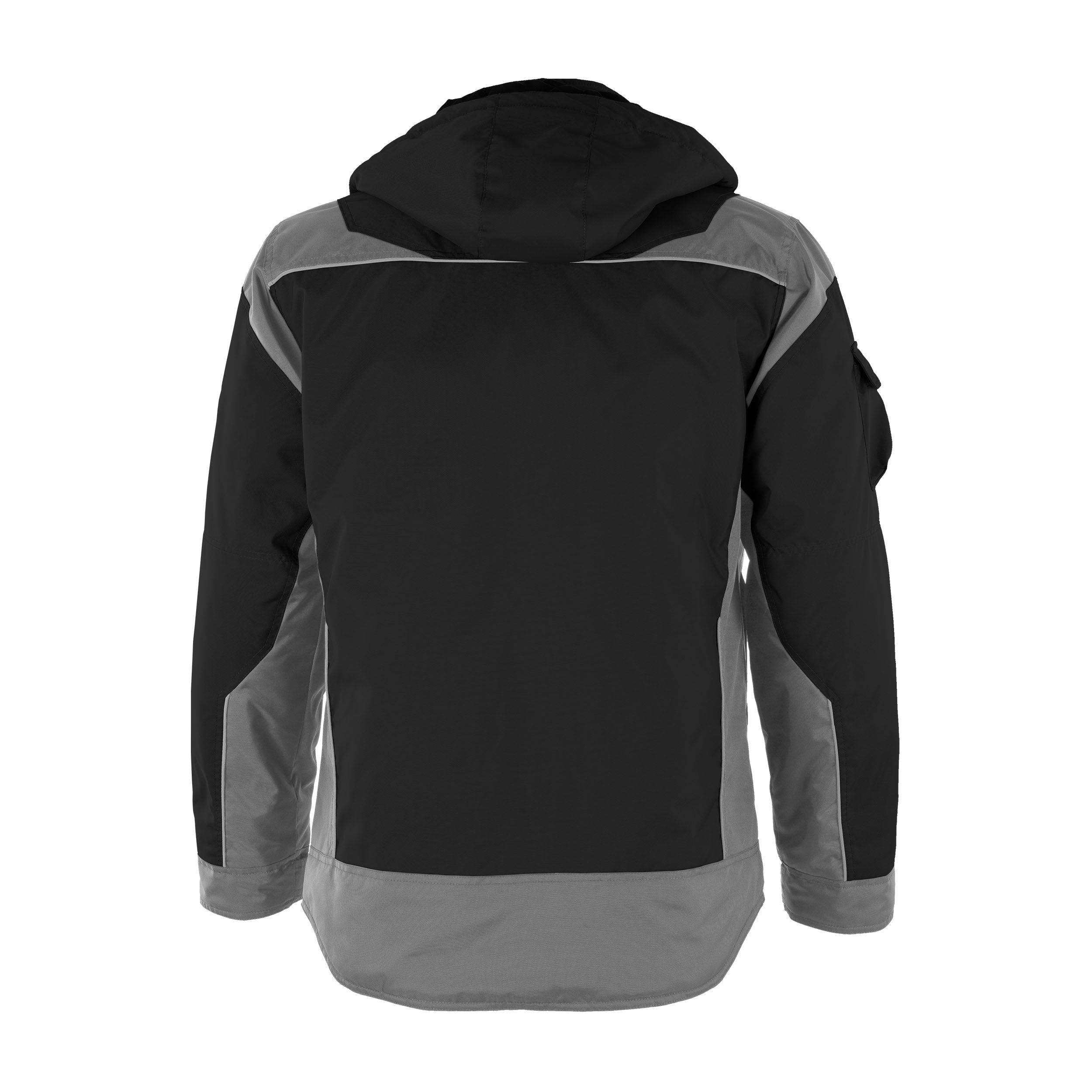 Eine schwarze und graue Jacke, von hinten gezeigt, mit Kapuze und kontrastierenden Ärmeln und Saum.