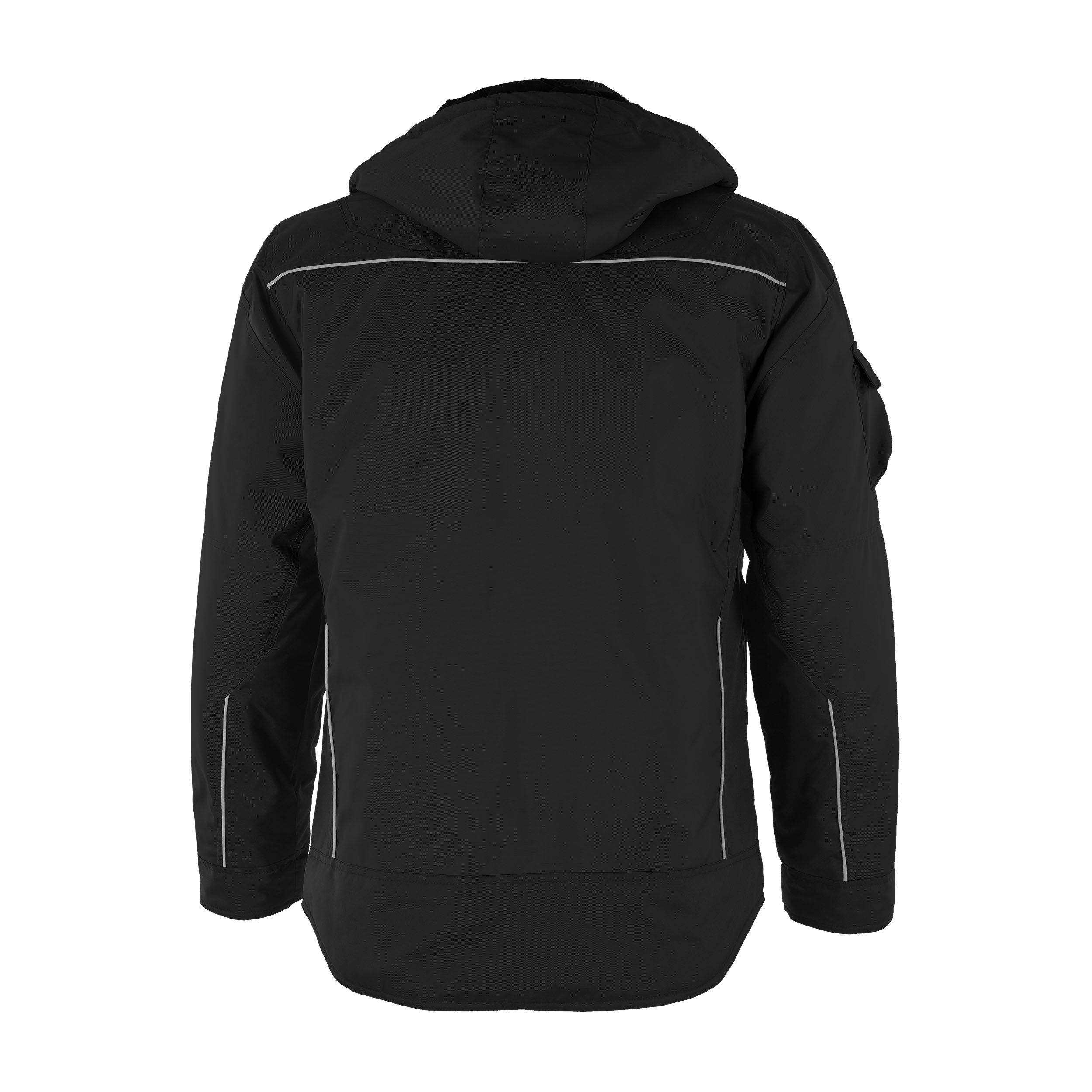 Eine schwarze Kapuzenjacke mit reflektierenden Einsätzen, von hinten betrachtet, mit langen Ärmeln und einer hüftlangen Schnittform.