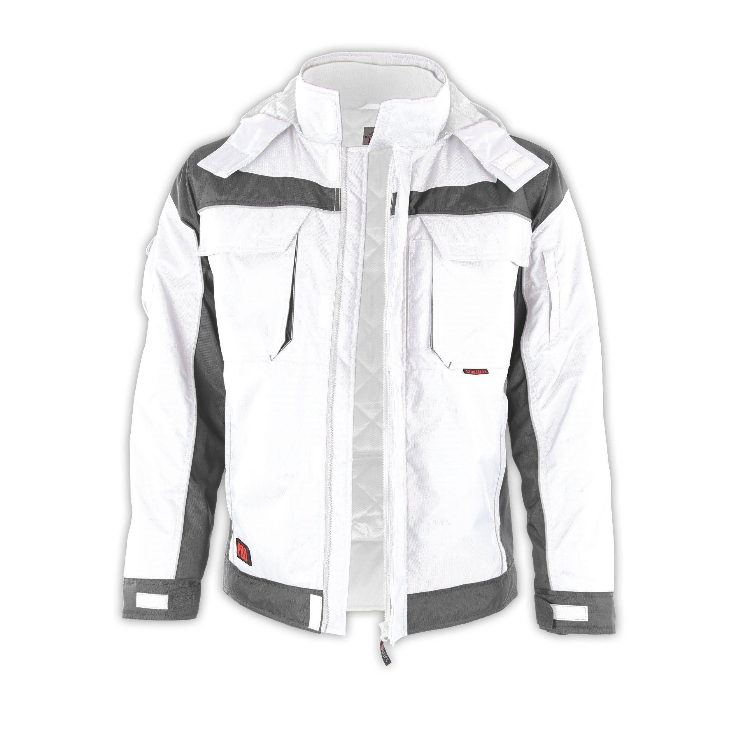 Weiße und graue wasserdichte Jacke mit Reißverschluss vorne, mehreren Taschen und verstellbaren Ärmelbündchen, entwickelt für Aktivitäten im Freien.