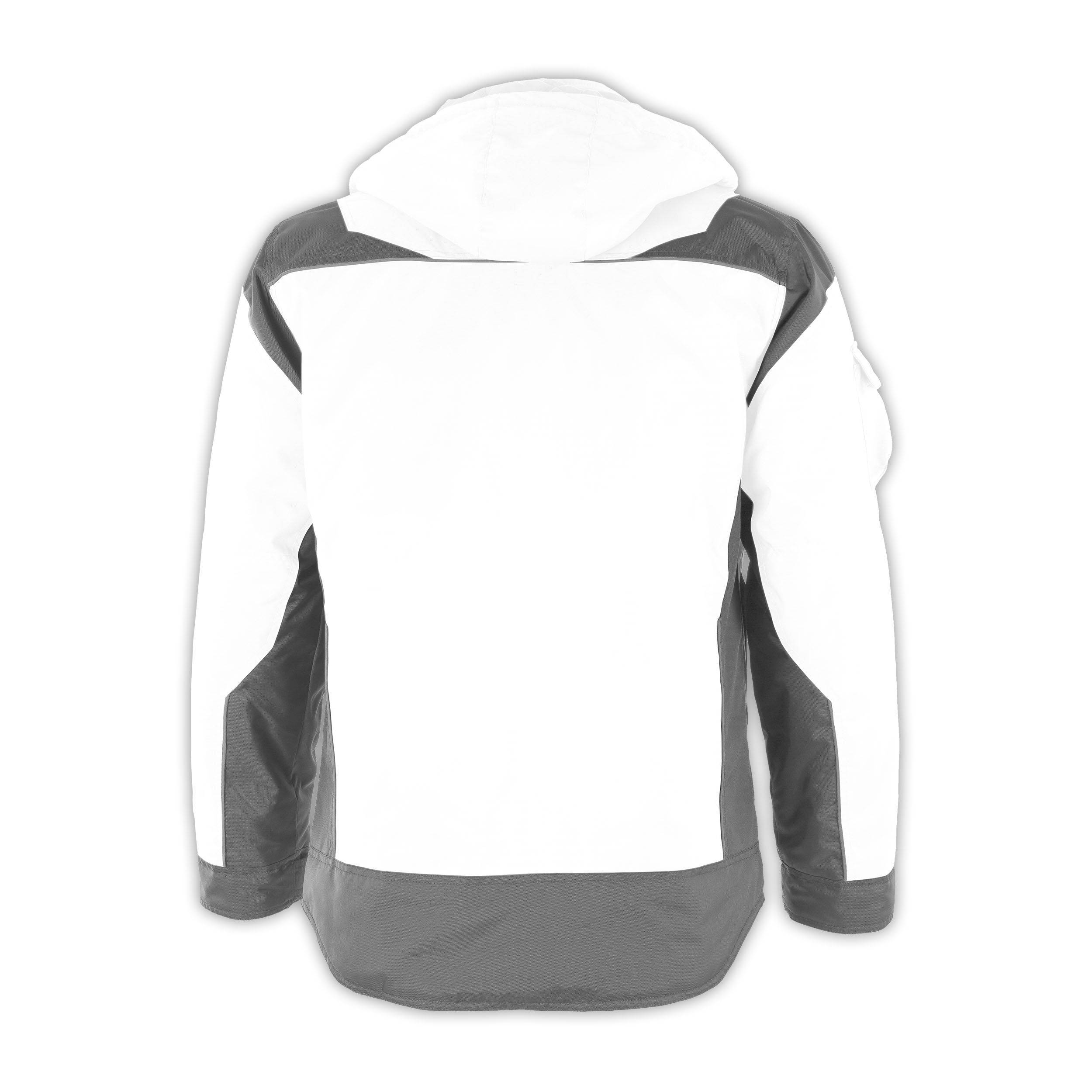 Eine weiße und graue Jacke, von hinten betrachtet, mit Kapuze und Farbblockdesign an den Ärmeln und Schultern.