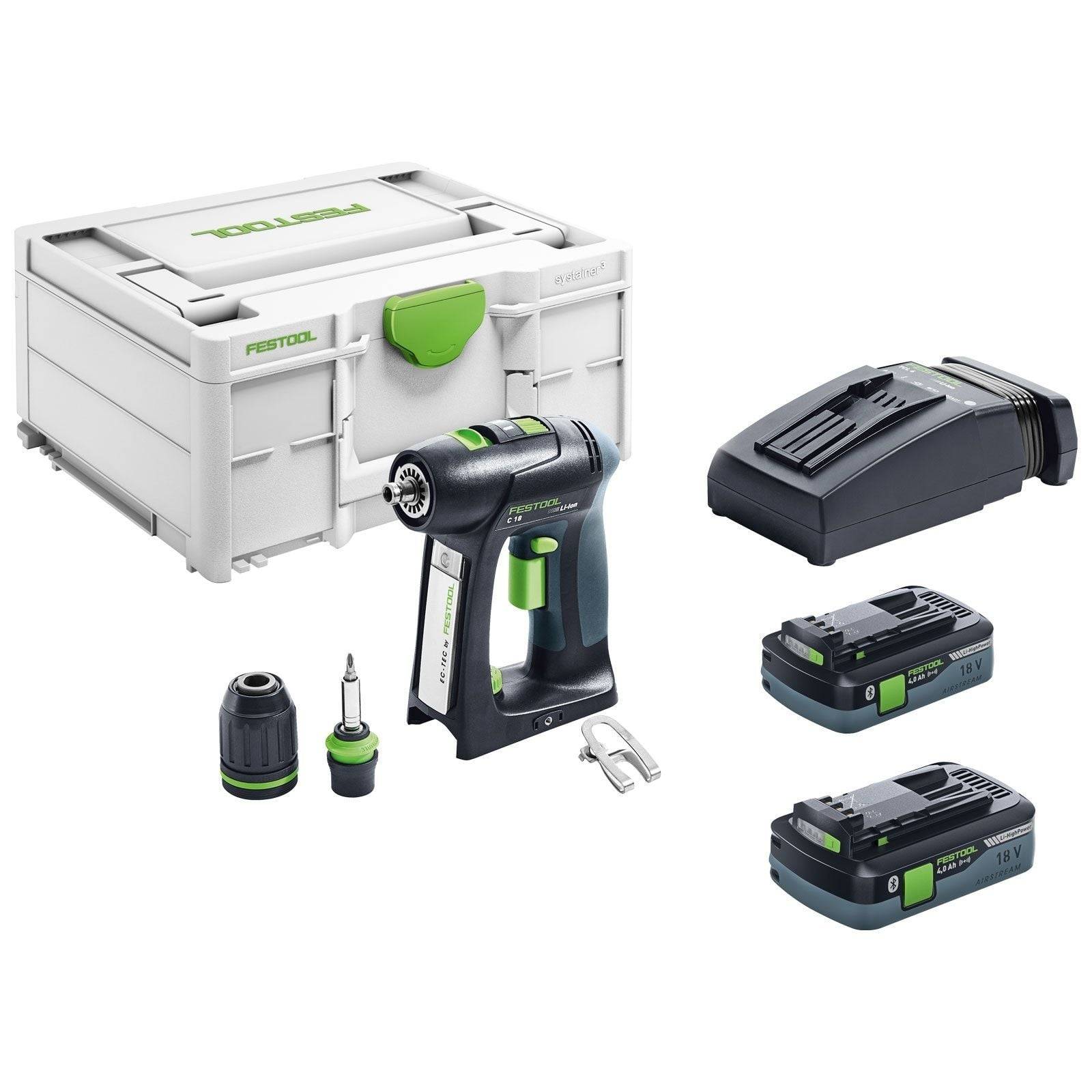 Festool CXS Akku-Bohrschrauber-Set mit Systemkoffer, Ladegerät, Bohrern und zwei Akkus.