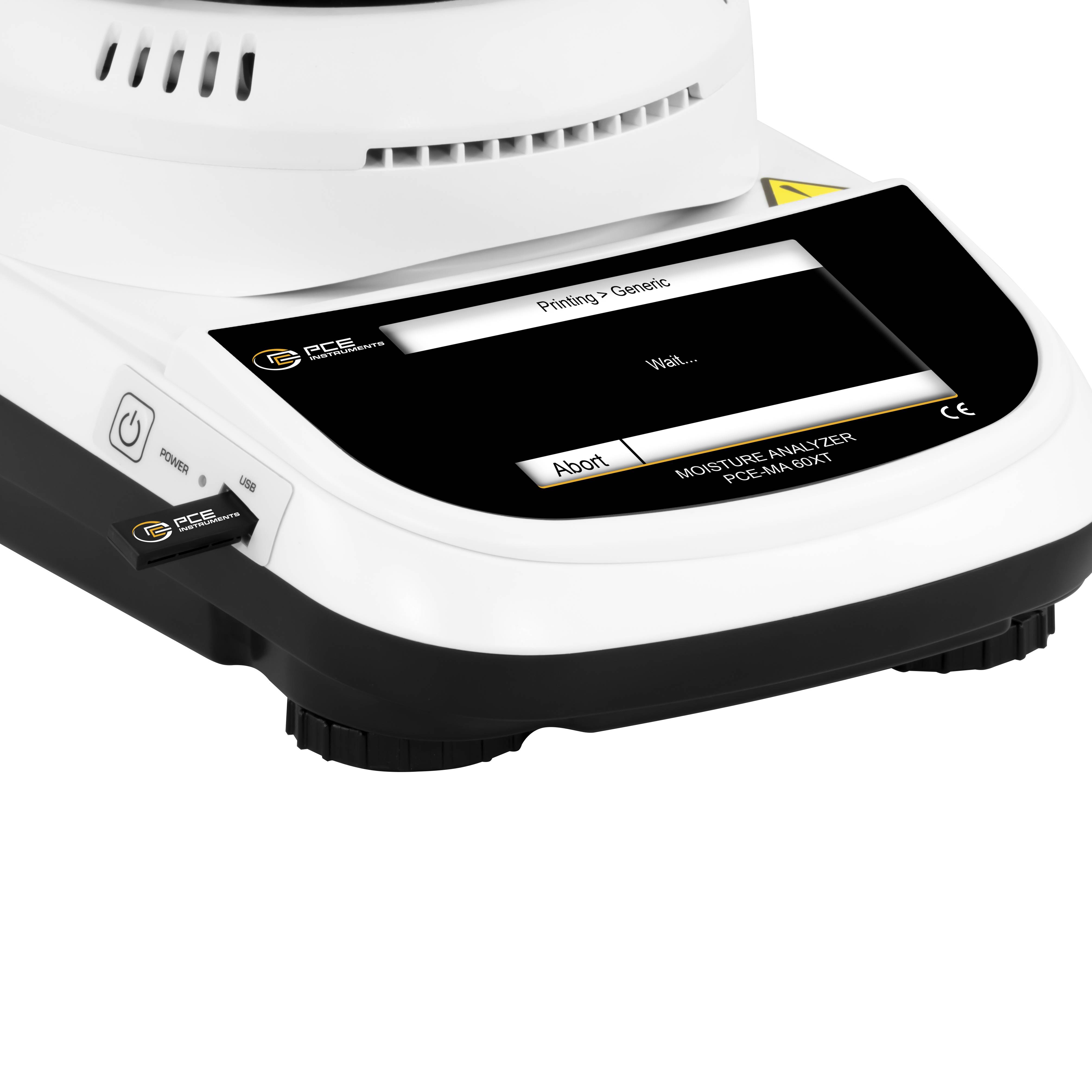 Ein weißer digitaler Feuchtigkeitsanalysator mit einem Display, das 'Bereit' anzeigt, und Steuerungstasten an der Seite, verwendet zur Messung des Feuchtigkeitsgehalts.