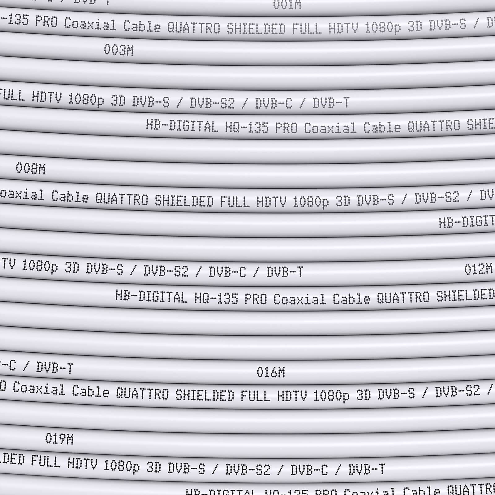 hb-digital 50m Koaxialkabel HQ 135dB 4-Fach geschirmt Stahl Kupfer weiß + 10 F-Stecker