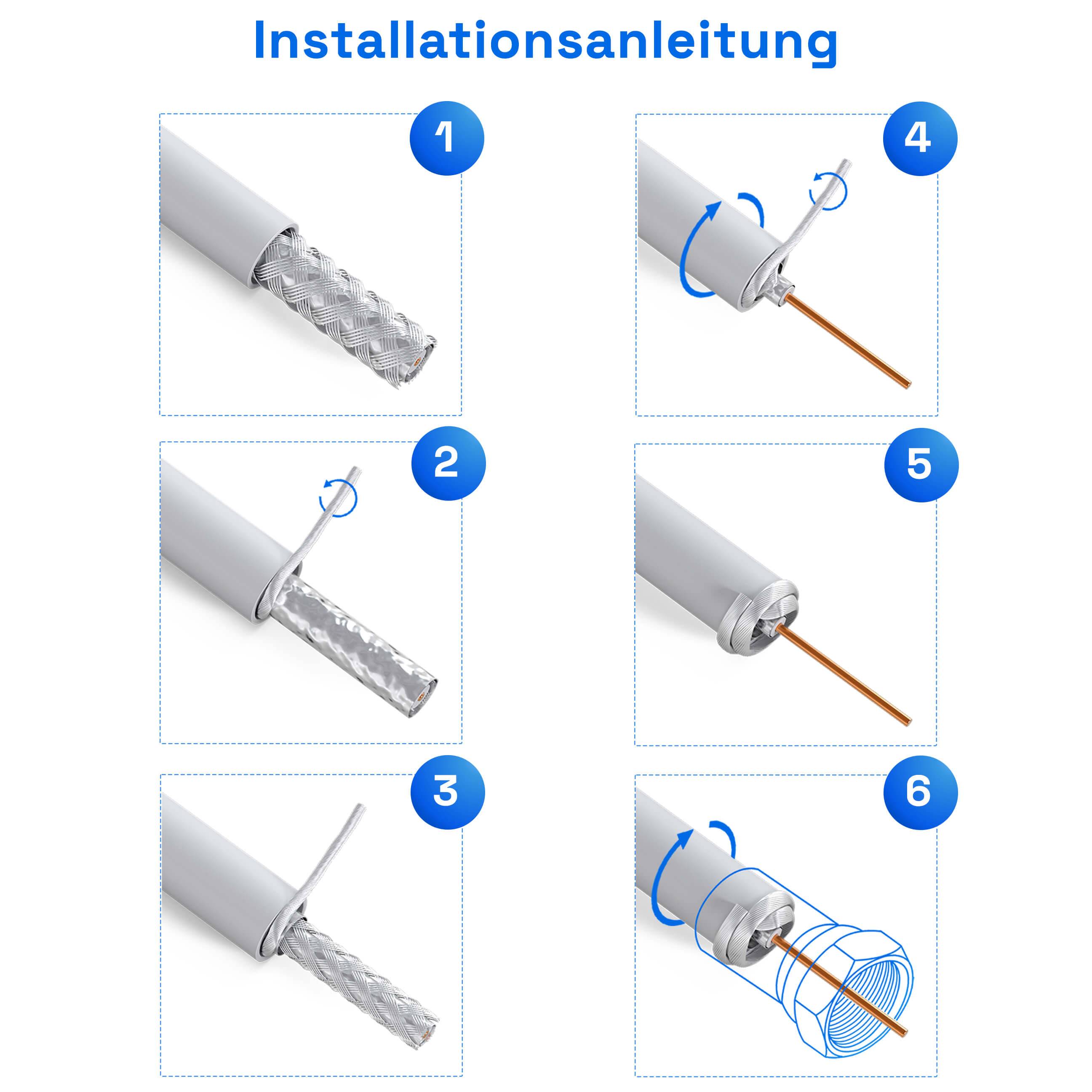 hb-digital 30m Koaxialkabel HQ 135dB 4-Fach geschirmt Stahl Kupfer weiß + 10 F-Stecker