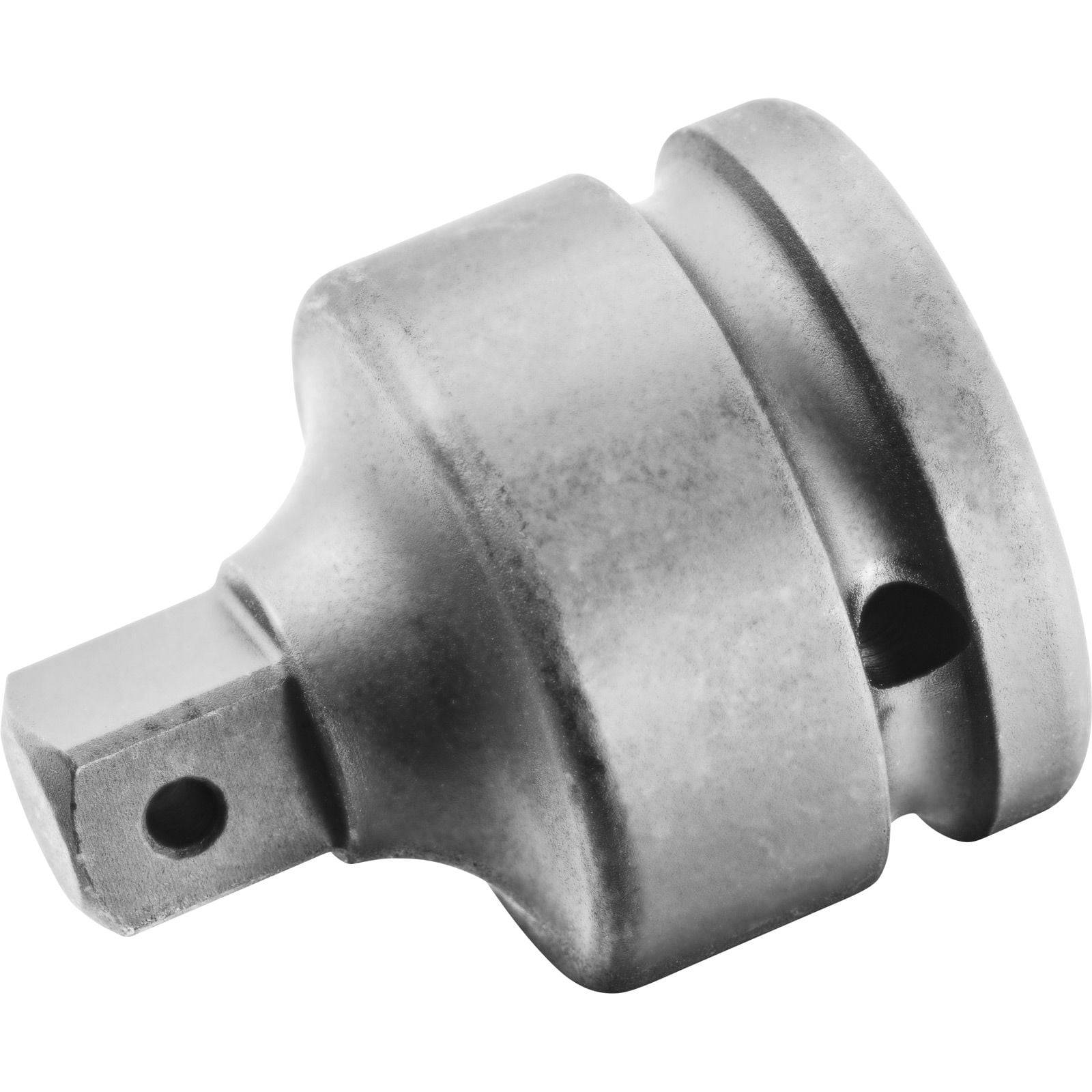 Ein metallischer Socketadapter mit einer zylindrischen Form und quadratischer Antriebsöffnung, der zum Umwandeln von Schraubenschlüsselgrößen in mechanischen Werkzeugen verwendet wird.