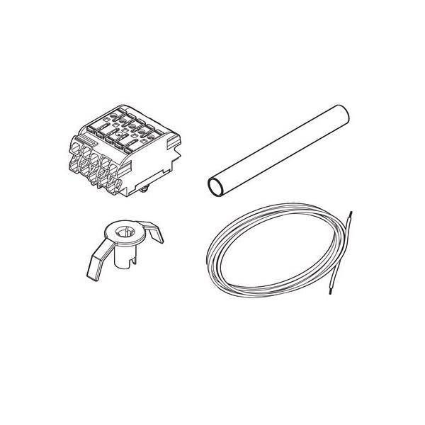 Schaltplan elektronischer Komponenten: Anschlussblock, zylindrisches Rohr, Befestigungshalterung und aufgewickelter Draht.