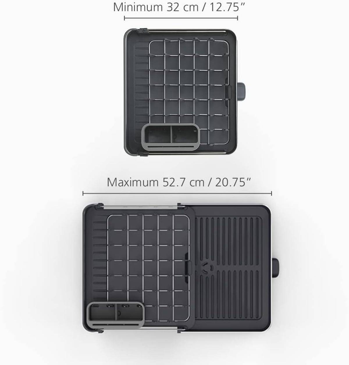 Zwei Grillplatten: Draufsicht mit kleinerer und größerer Größe. Kleinere Platte mit Minimum 32,7 cm beschriftet, größere Platte mit Maximum 52,7 cm/20,75 Zoll beschriftet.