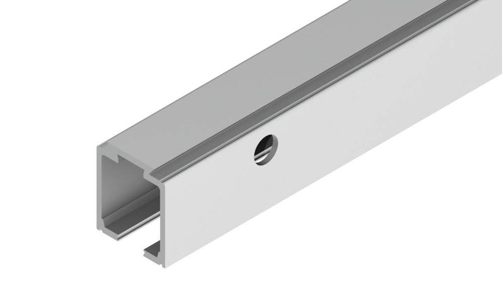 Aluminium-Profilbereich mit Nutschiene und kreisförmiger Schraubenloch, ausgelegt zur Montage von Paneelen oder Vorrichtungen, Seitenperspektivansicht.