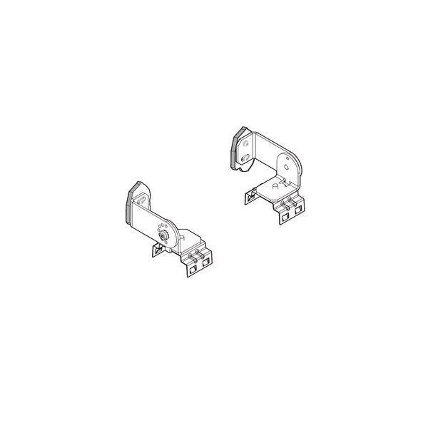 Illustration von zwei Metallklammern mit Befestigungslöchern, die sich gegenseitig zugewandt positionieren, möglicherweise zur Regal- oder Eckenstütze.