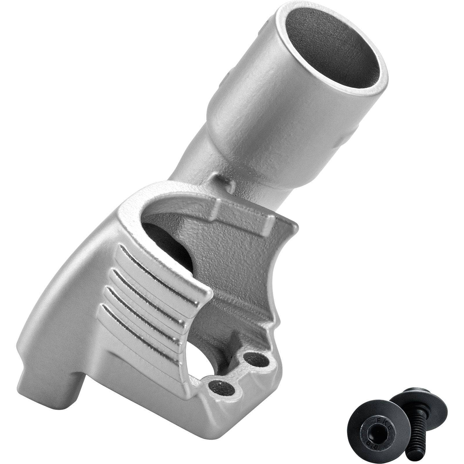 Eine silberne Mikrofonständer-Halterungsverbindung, nach oben gewinkelt, mit Gewinde zur Befestigung, neben einer kleinen, schwarzen Schraube.