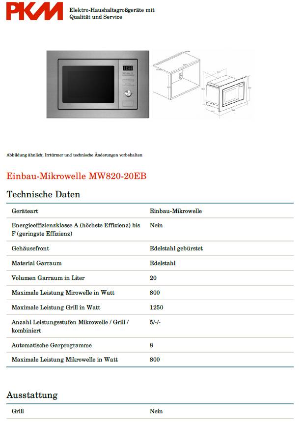 PKM Einbaumikrowelle MW820EBM - Edelstahl, 800Watt, 20 Liter