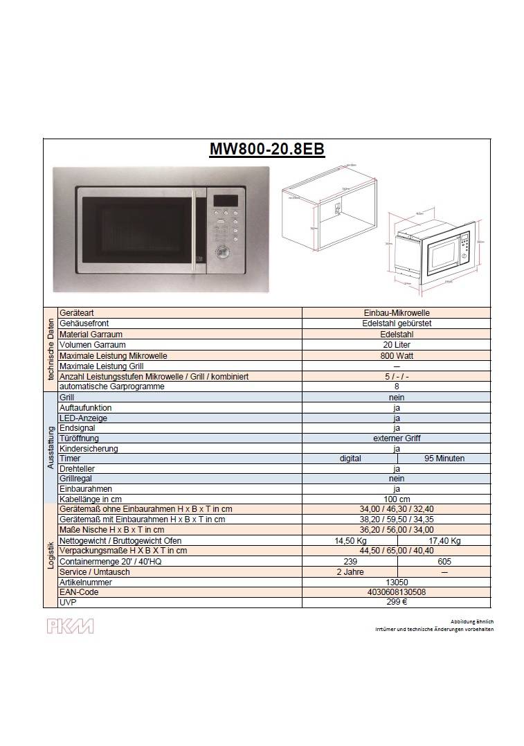 PKM Einbaumikrowelle MW800-20.8EB - Edelstahl 800Watt, 20 Liter