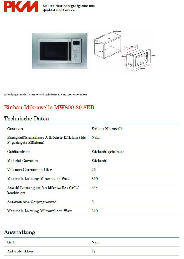 PKM Einbaumikrowelle MW800-20.8EB - Edelstahl 800Watt, 20 Liter