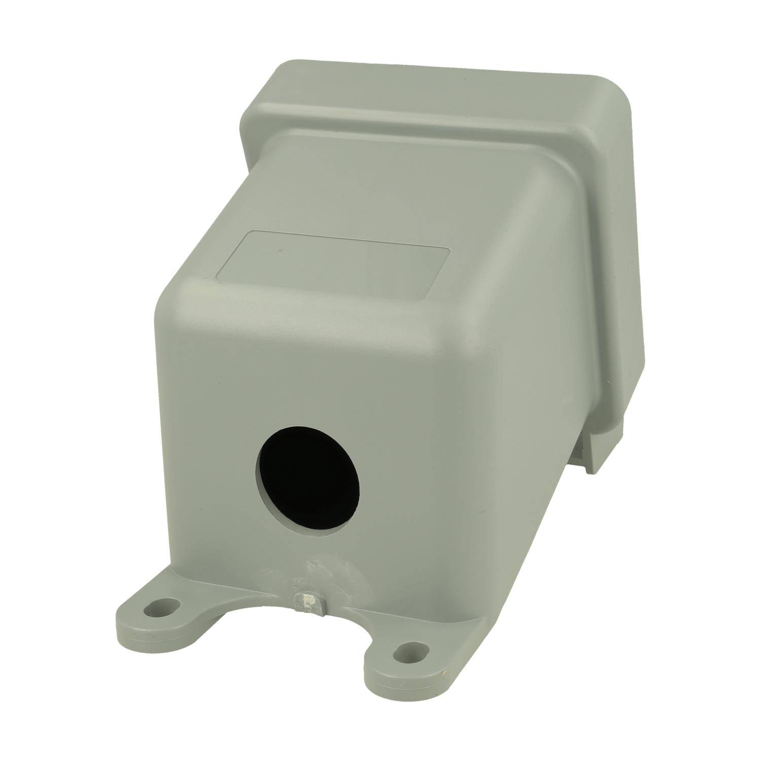 Eine graue Kunststoffabdeckung mit einer runden Öffnung an der Vorderseite, die für den Außeneinsatz konzipiert ist, um elektrische oder mechanische Komponenten zu schützen.