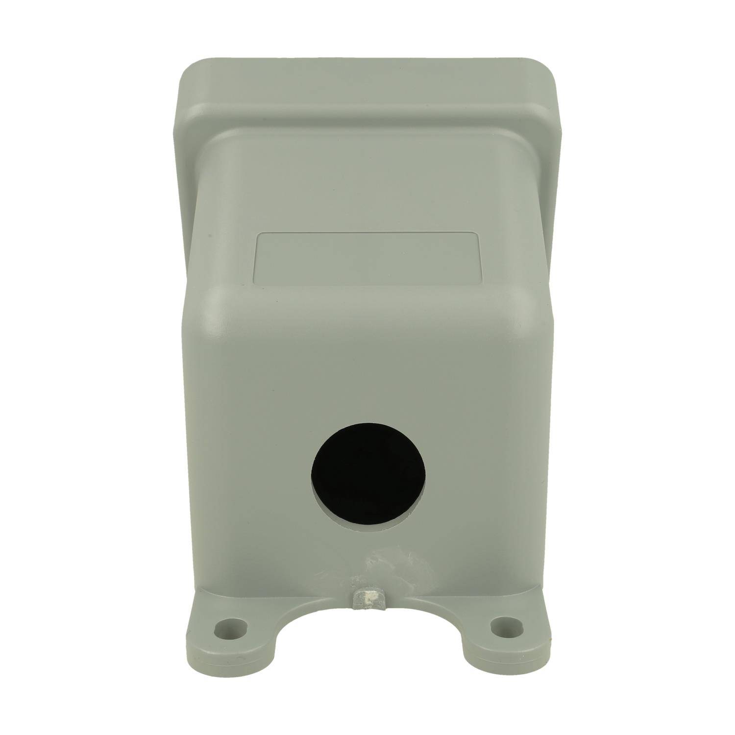 Elfenbeinfarbenes rechteckiges Gehäuse mit einer kreisförmigen Öffnung an einer Seite, konzipiert zur Aufnahme von elektrischen oder mechanischen Komponenten.