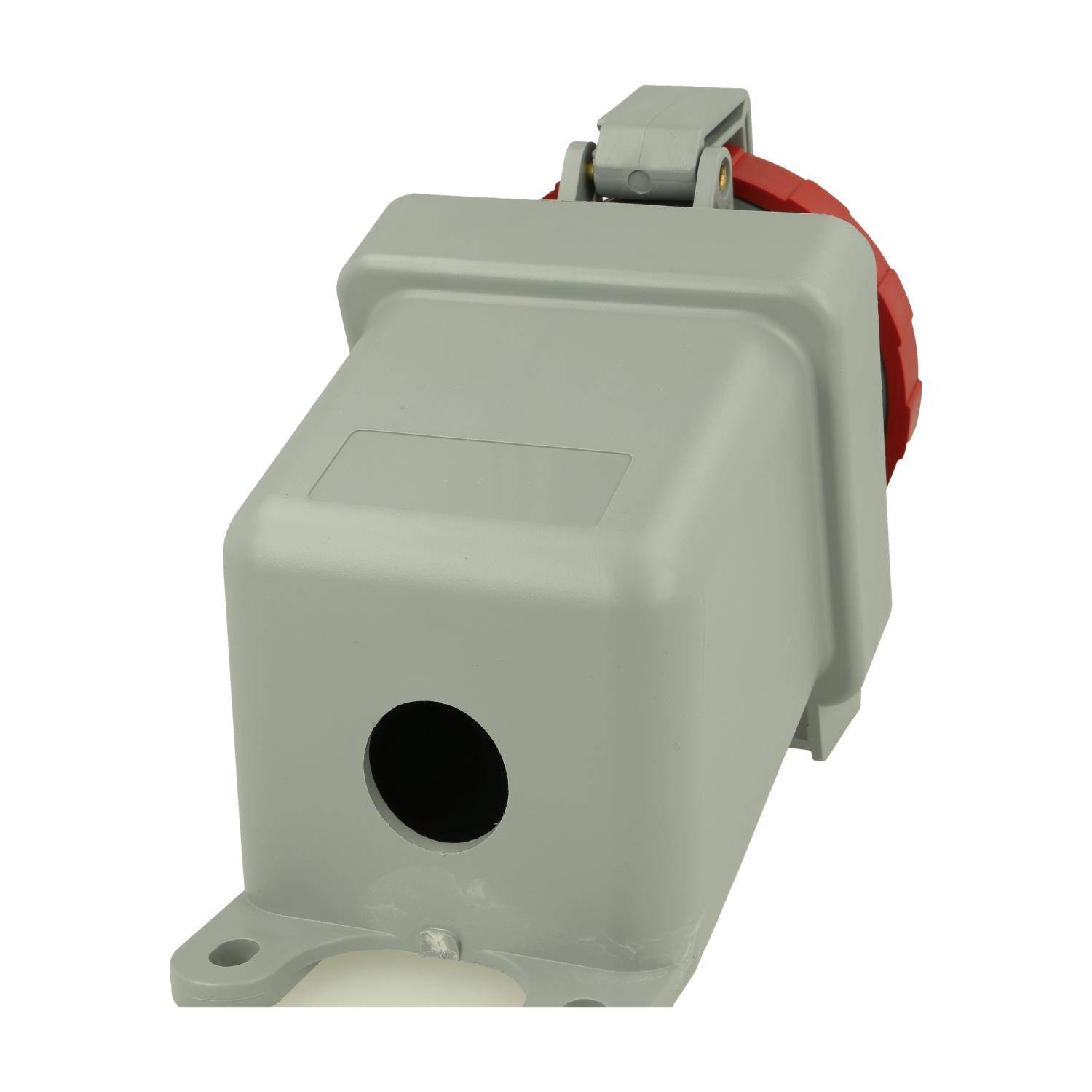 Graue Steckdosenabdeckung mit geschlossener roter Kappe, für industrielle Anwendungen konzipiert.