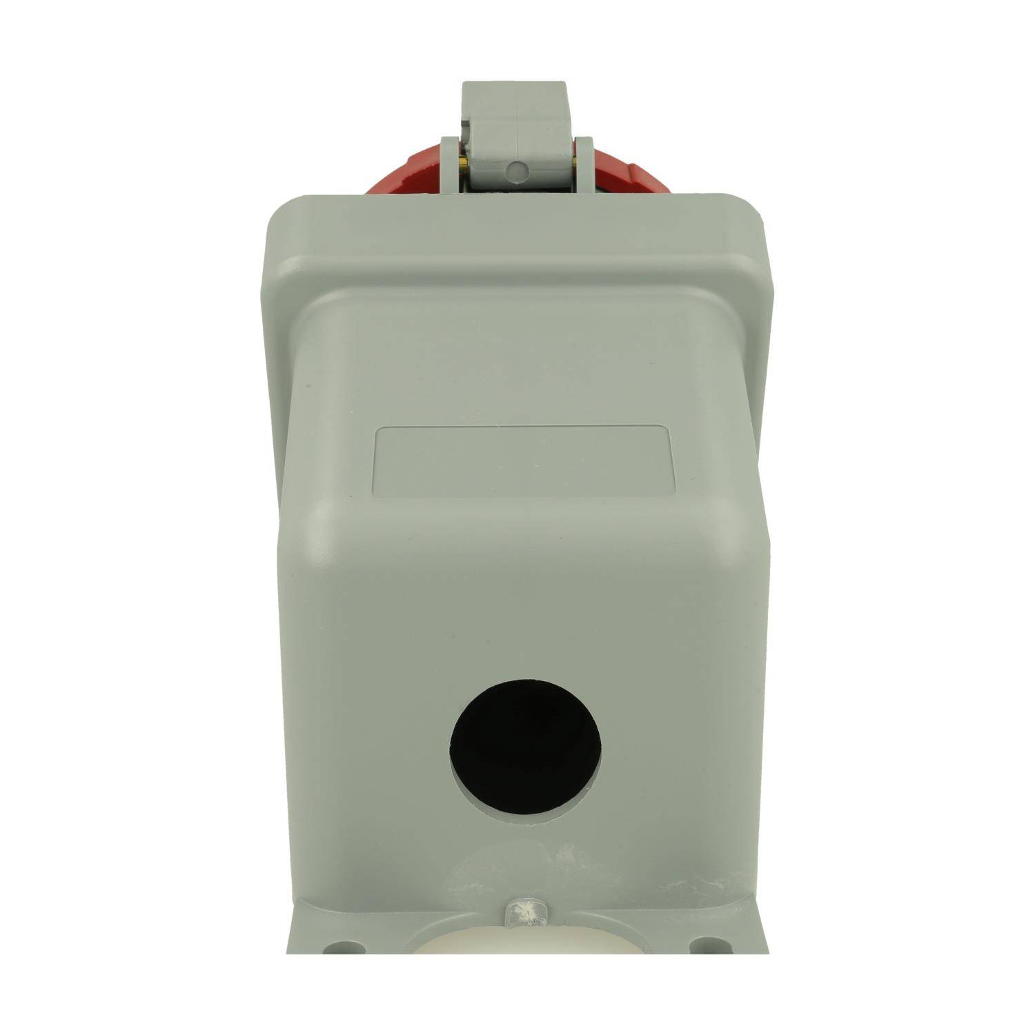 Eine graue elektrische Verteilerdose mit geschlossenem Deckel und einer runden Öffnung am Boden, die zur Unterbringung von Kabeln oder Komponenten verwendet wird.