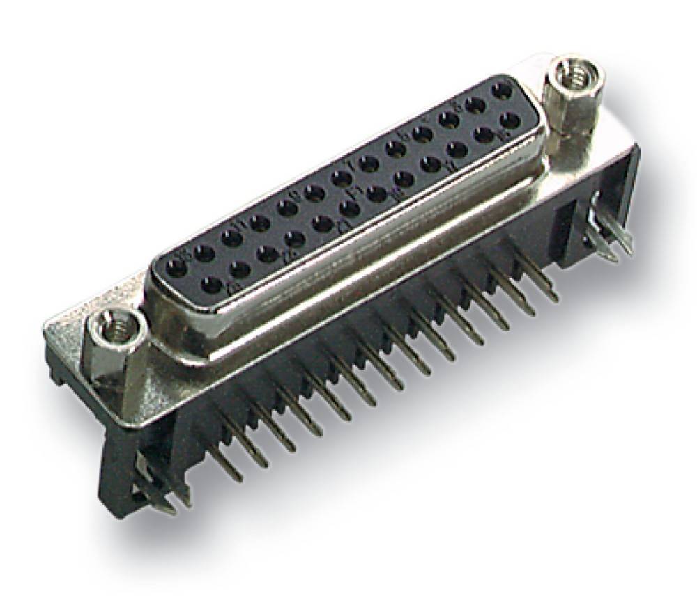 Ein 25-poliger D-Sub-Buchsenanschluss mit Metallgehäuse und Befestigungszubehör, der zur Verbindung verschiedener elektronischer Geräte verwendet wird.