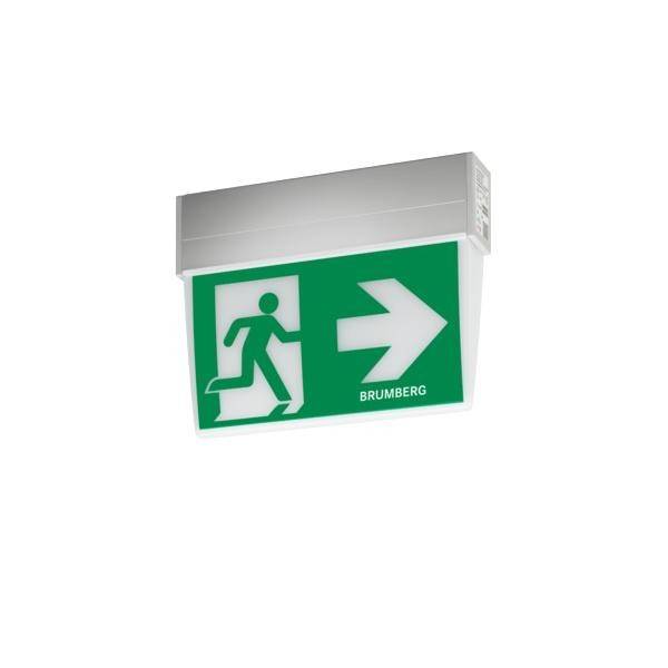 Grünes Notausgangsschild mit Laufer-Symbol und nach rechts zeigendem Pfeil mit der Aufschrift „BRUMBERG