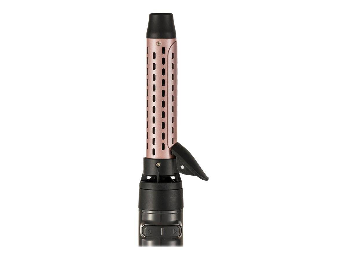 Rosegold-Lockenstab mit schwarzem Lauf und Klemme, aufrecht auf weißem Hintergrund dargestellt.