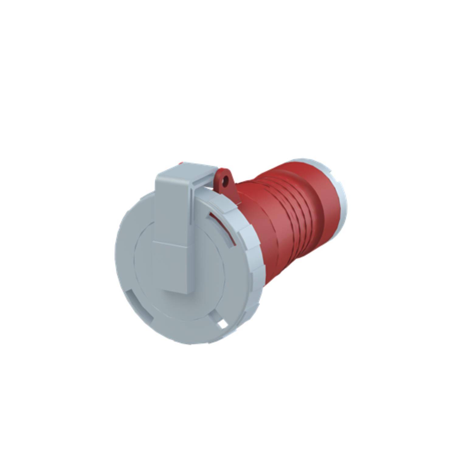 Ein rot-grauer zylindrischer Industriestecker mit Verriegelungsmechanismus, der für sichere elektrische Verbindungen konstruiert ist.