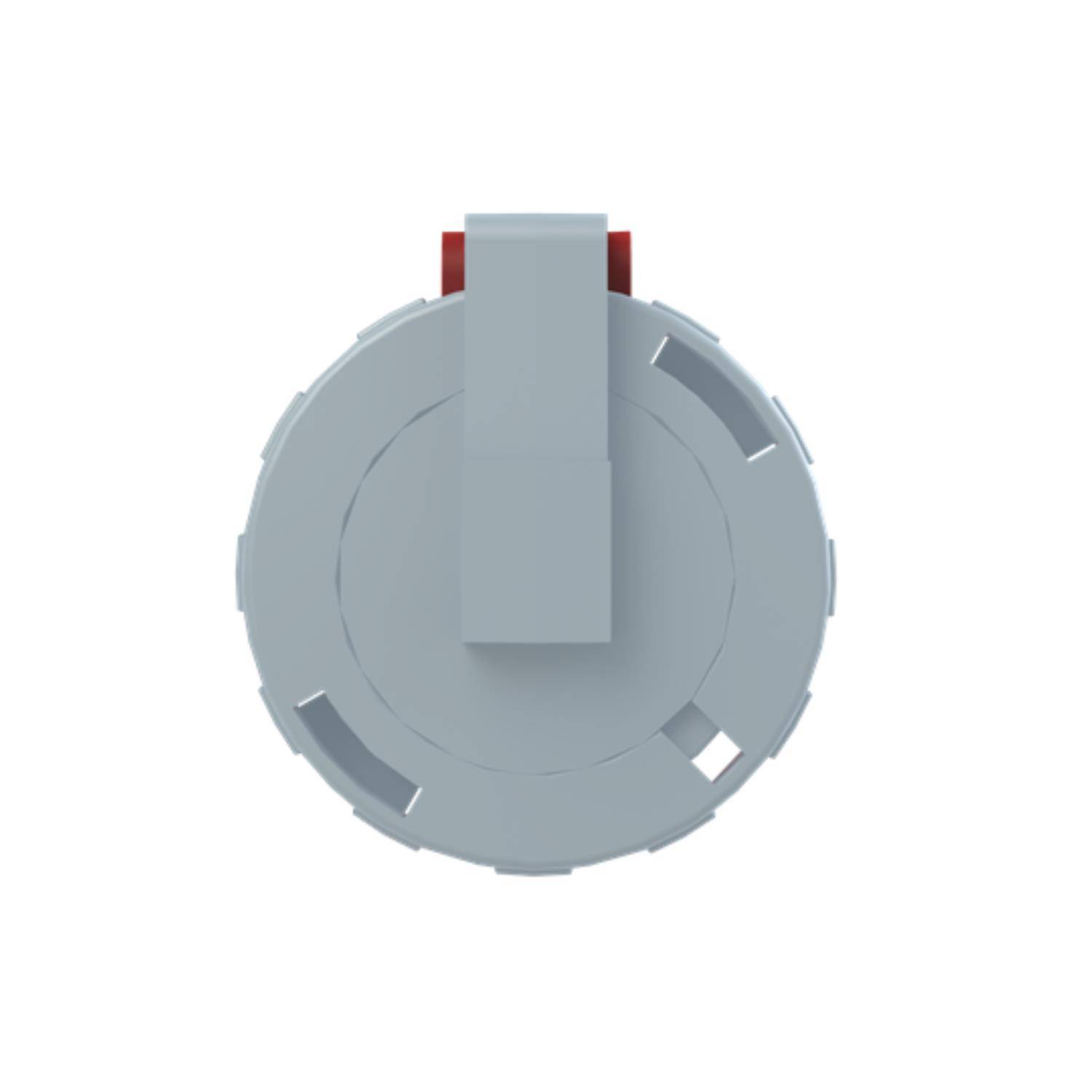 Ein Blick von oben auf ein rundes, graues LEGO-Teil mit einer zentralen rechteckigen Erhebung und roten Details, das einem Rad oder Zahnradmechanismus ähnelt.