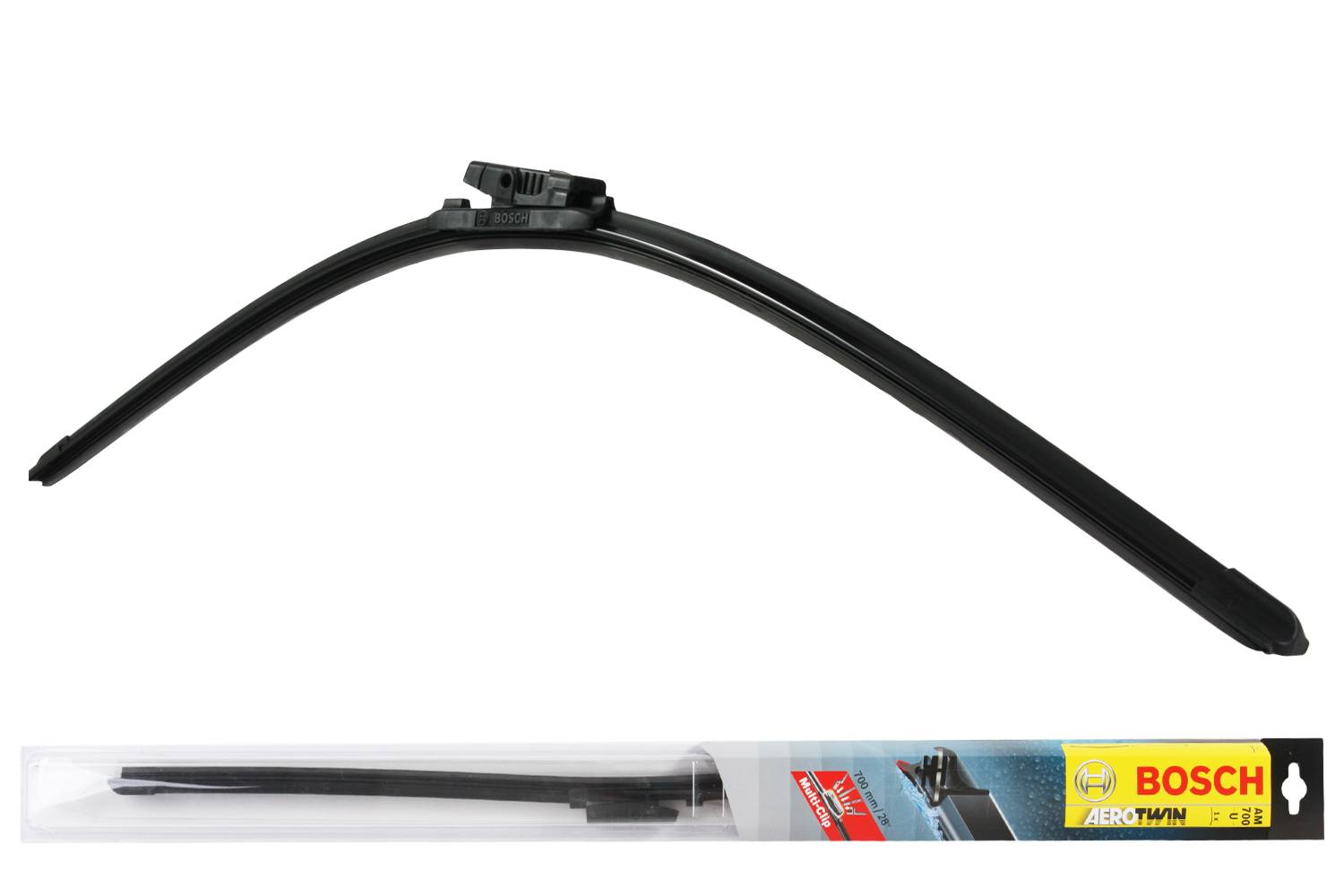 Ein gebogenes Scheibenwischerblatt vor weißem Hintergrund, das sein aerodynamisches Design präsentiert, mit einem Logo in der unteren rechten Ecke.