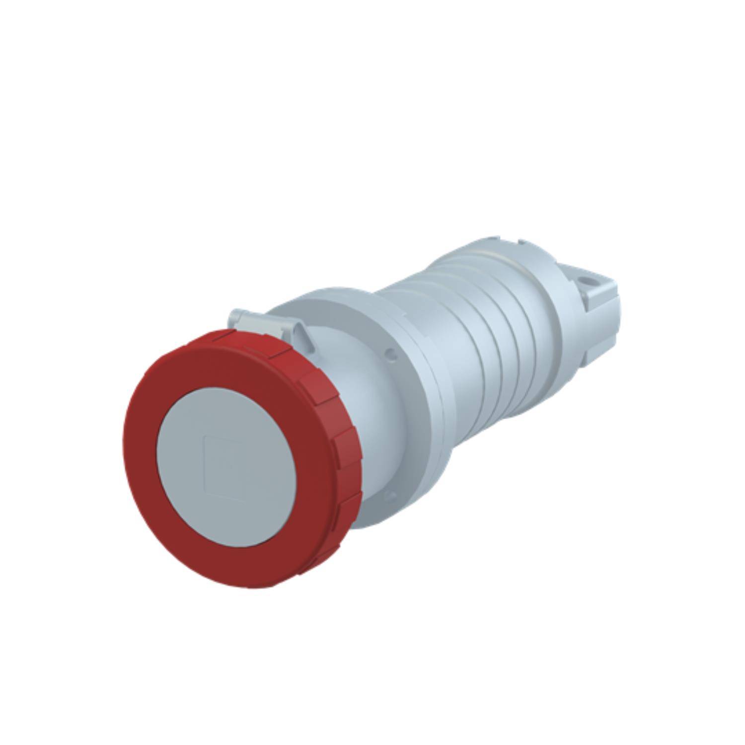 Ein zylindrischer Industriestecker mit rotem rundem Griff und grauem Gehäuse, der für sichere elektrische Verbindungen verwendet wird.